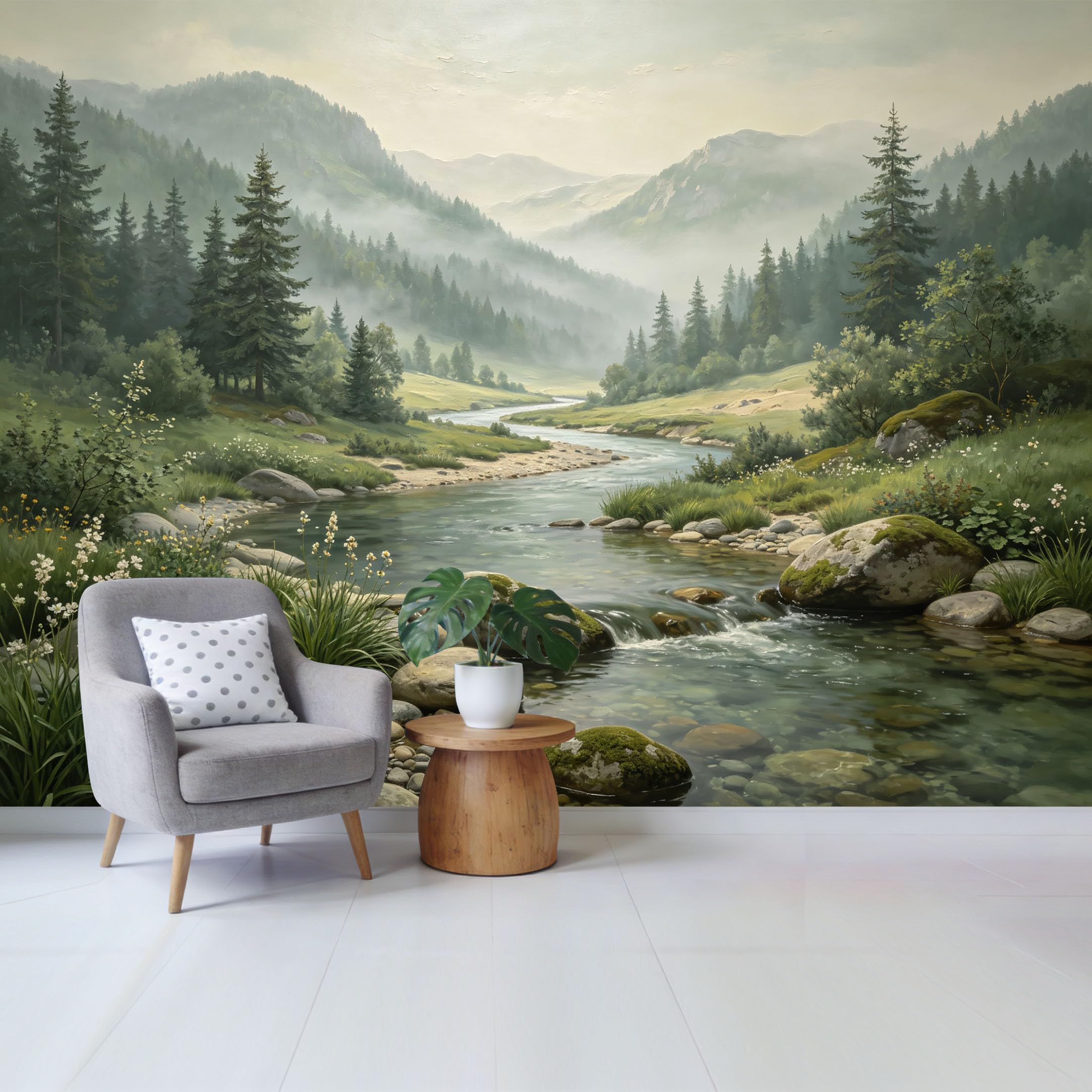 Qzlithotic Yq2605250635 Custom Size Wall Mural Misty Mountain River Landscape Oil Painting Nature Scenery Selfadhesive Wall Fabric Removable Wallpaper For Home Office Decor