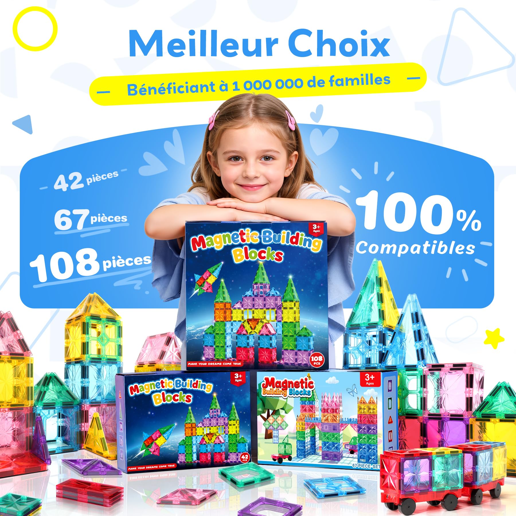WOOBLO Bloc magnétique 108 pièces avec 2 Voitures, Jeu de Construction magnétique pour Enfants à partir de 3 Ans, Jouet créatif à aimants, Jouet Montessori, Cadeau pour garçons et Filles Amovible
