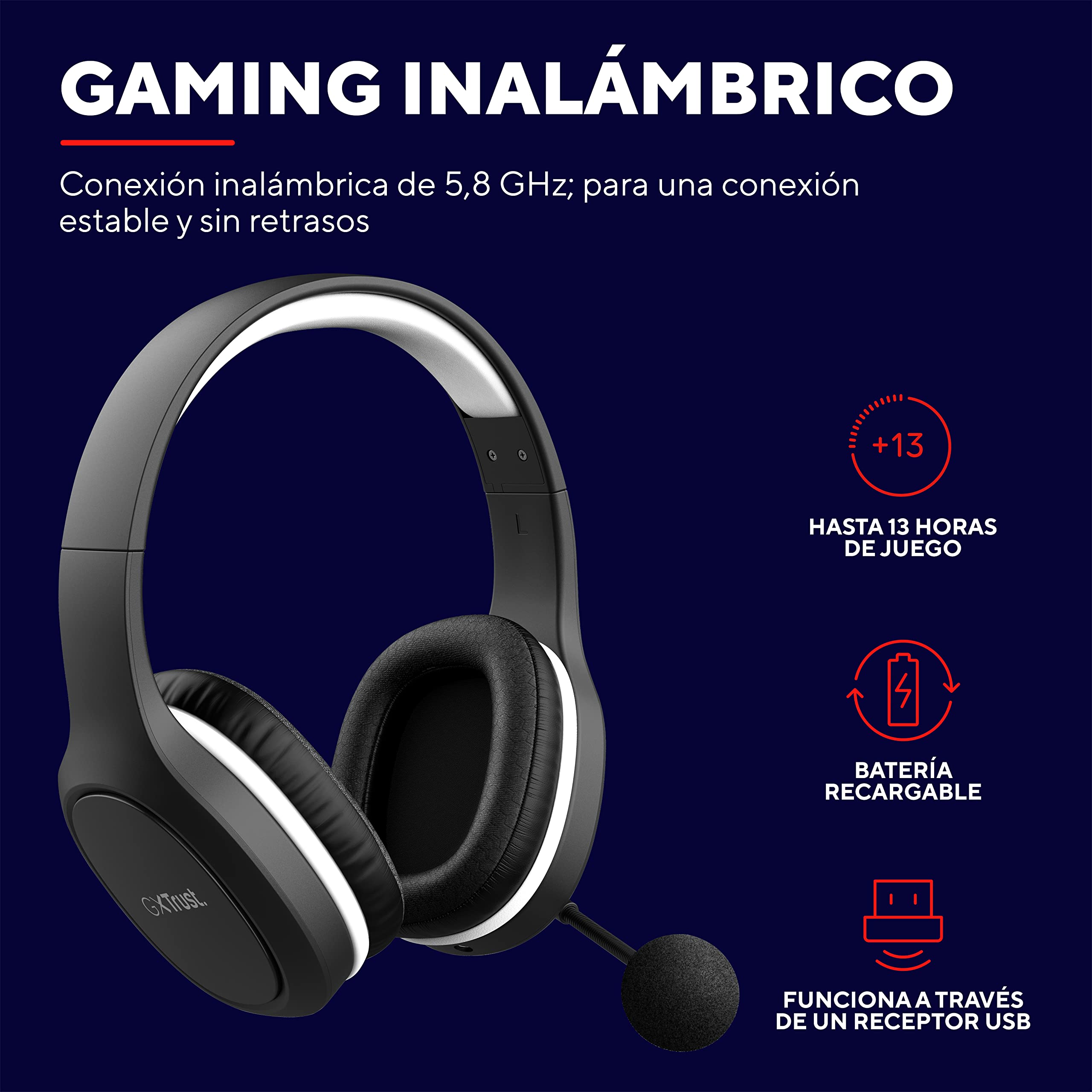 Trust Gaming GXT 391 Thian Cascos Gaming Inalambricos, Auriculares PS4, PS5, 5.8 GHz, Dongle USB, Over Ear, Recargable, Multi-Platform, Cascos con Microfono para PC Ligeros y Sostenibles - Negro