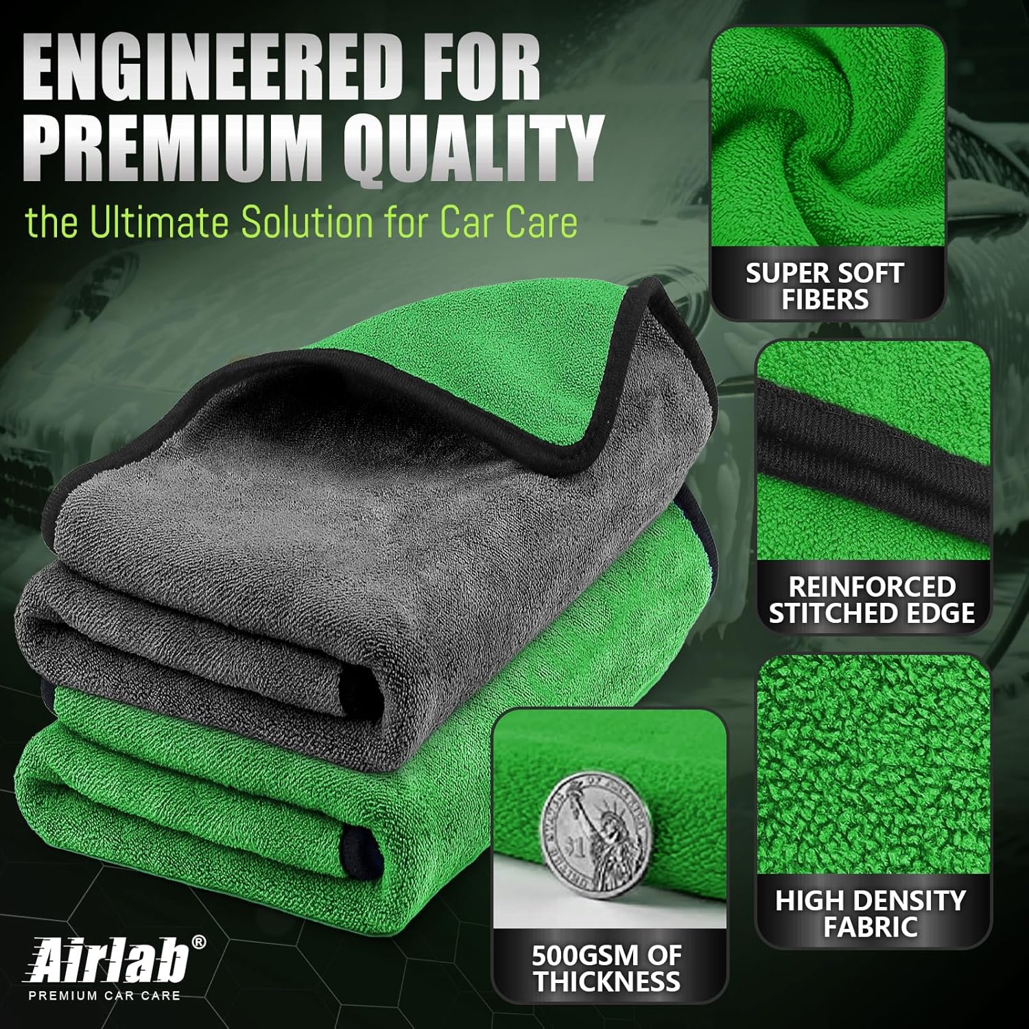 Airlab XL Microfiber Car Drying Towel Super Absorbent, Pack of 2 and Microfiber Towels for Cars Wash Drying Auto Detailing Cleaning Cloth, Pack of 4