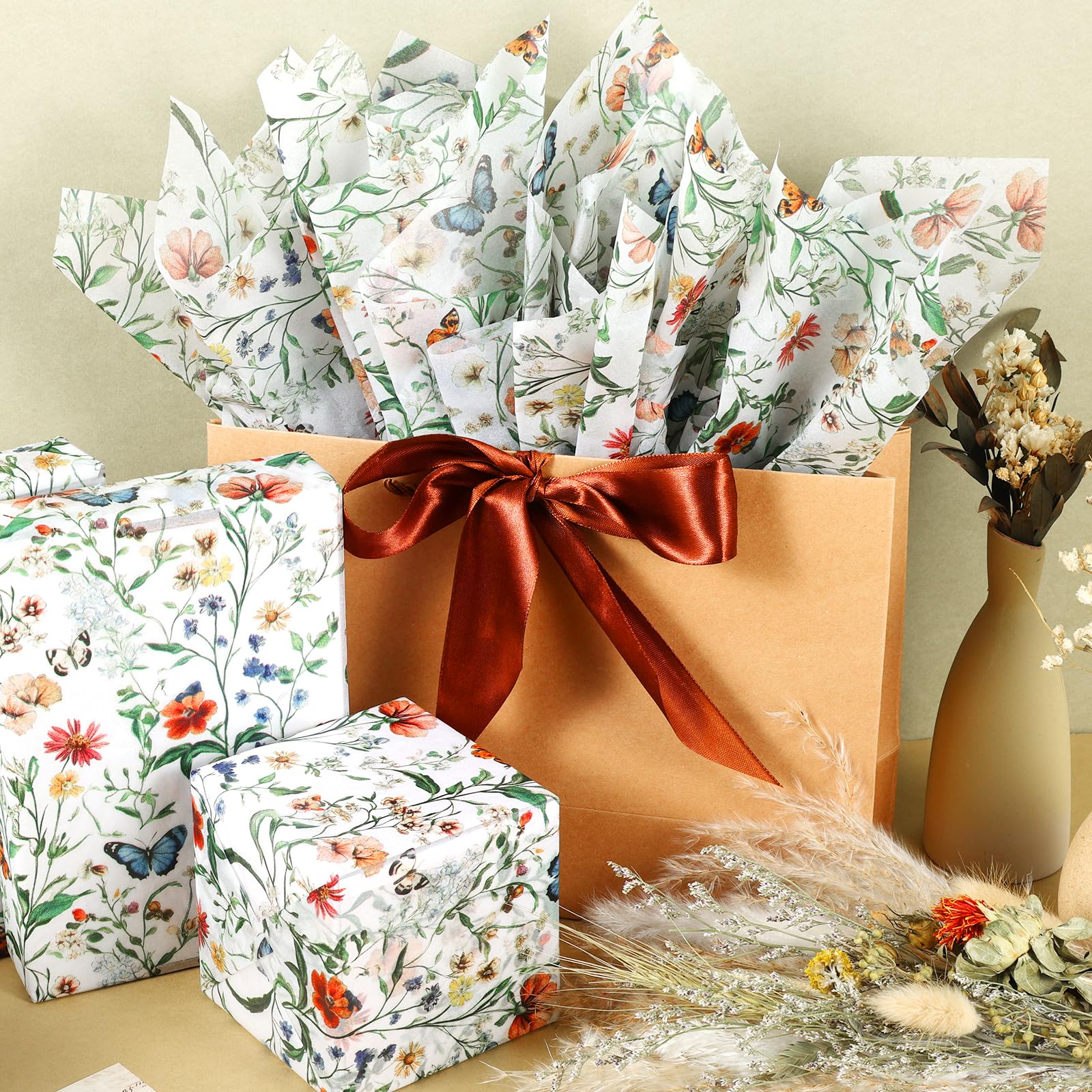 100 hojas de papel de seda de mariposa de flores silvestres, diseño vintage de flores silvestres sin costuras, papel de regalo para cumpleaños, boda, baby shower, suministros de 13.8 x 19.7 pulgadas