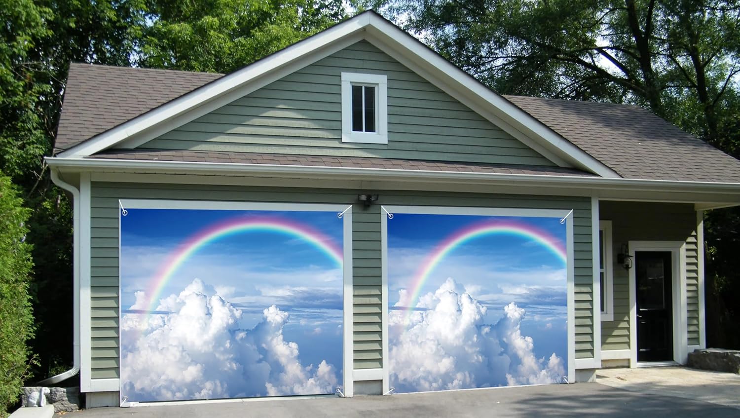7x8ft Vibrant Rainbow Garage Door Decor Peaceful Blue Sky Vivid White Clouds Deep Sky Garage Door Cover for Newborn Proposal Ceremony Wedding Party Decoration Props