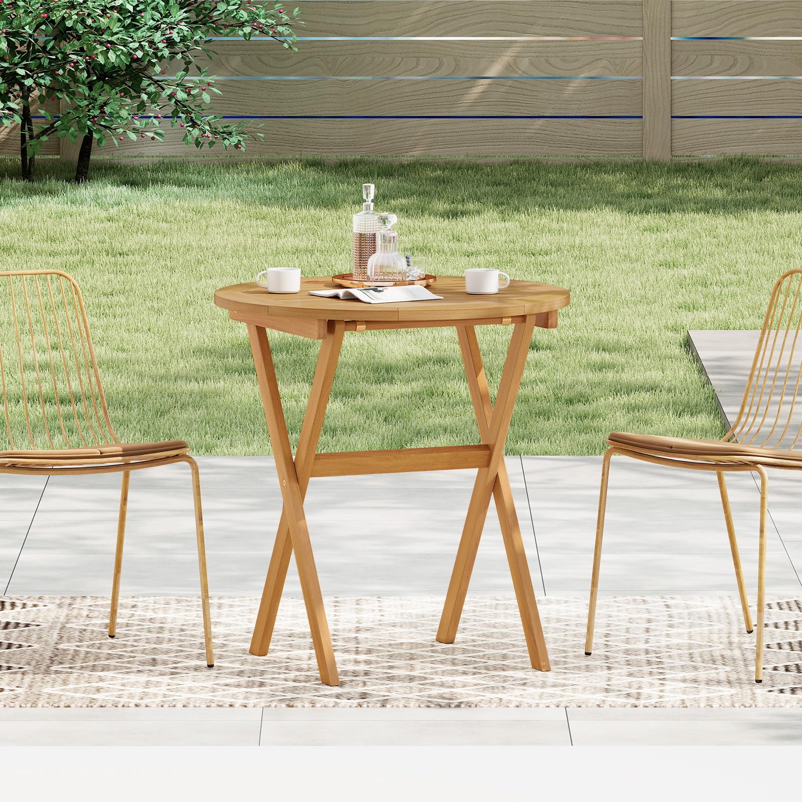 GOPLUS Table Pliante Exterieur Bois d'Acacia Ronde Balcon Pliable Plateau à Lattes 80 kg 67 x 69,5 cm