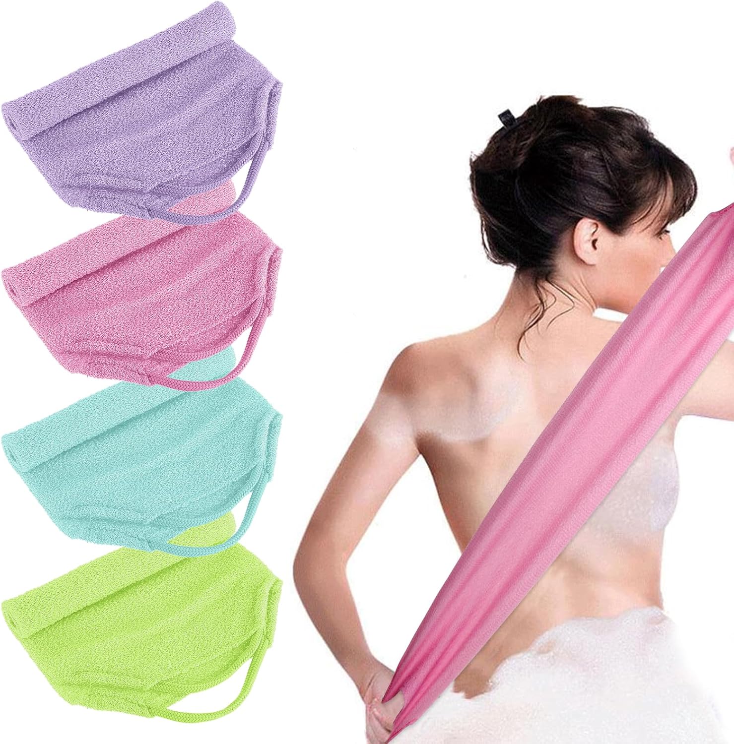 4pcs Exfoliating Back Washers Scrub with Handles Japanese Body Scrubber Cloth Towel for Shower Nylon Back Exfoliator Extended Back Washers Stretchable Body Bath Pull Strap for Cleans Skin Massages