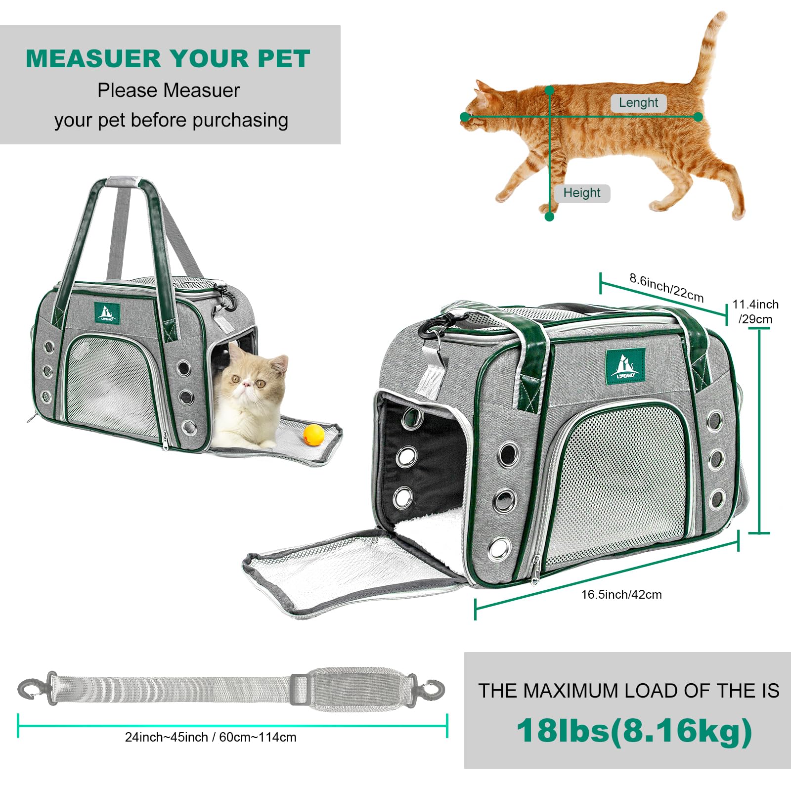 Lifeand Transportador de mascotas aprobado por aerolíneas para gatos, perros pequeños, gatitos, transportador de viaje plegable de lados suaves para gatos pequeños y medianos de menos de 18 libras