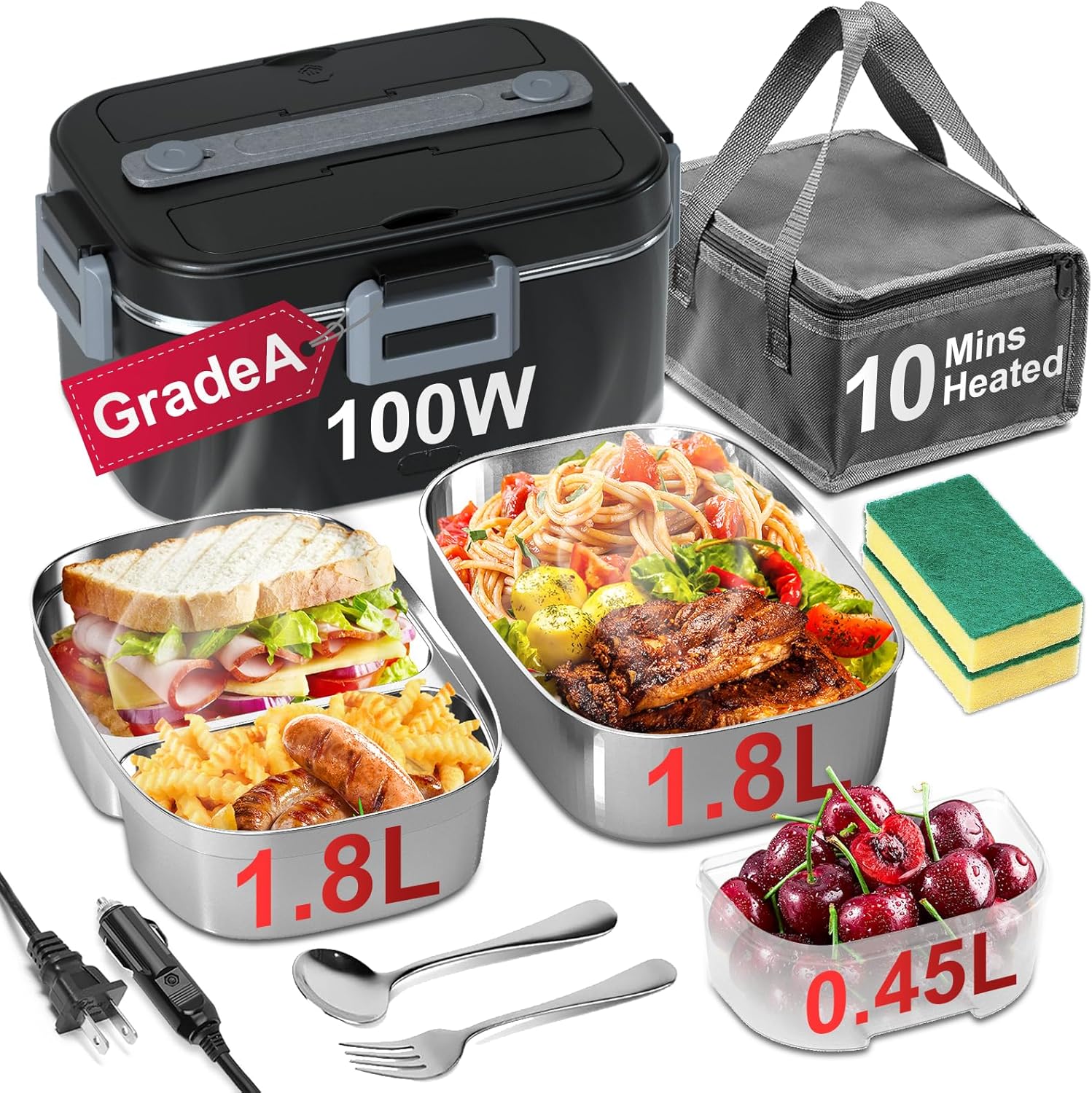 Electric Lunch Box for Adults - 2 Pack 1.8L Container 100W Fast Heated Lunch Boxes for Men Portable Food Warmer for Car, Truck, Office(12V/24V/110V)