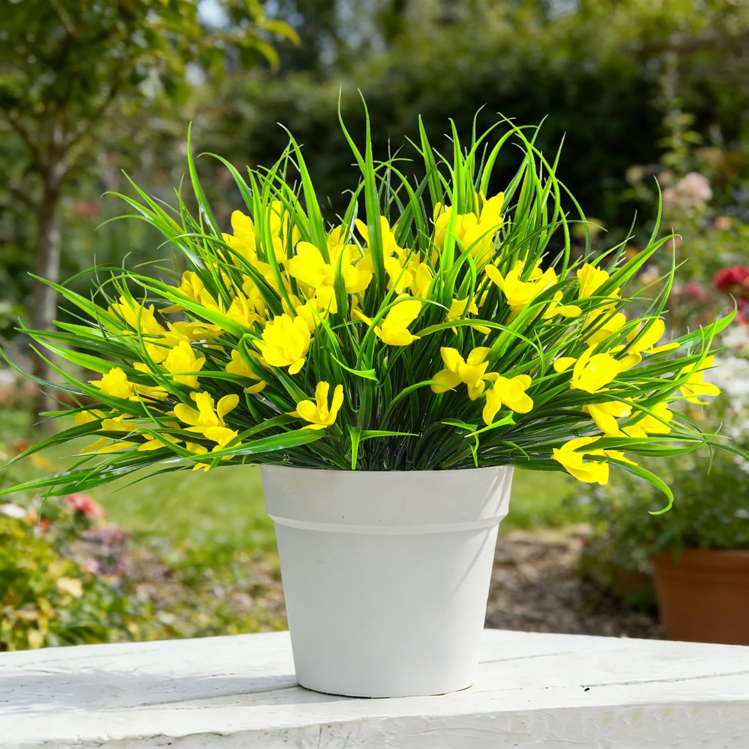 16 Bundles Artificial Plants Flowers for Outdoor Fake Monkey Grass with Flowers for Outside Planter Realistic UV Resistant Faux Plant for Garden Patio Pathway Front Porch (16, Yellow)