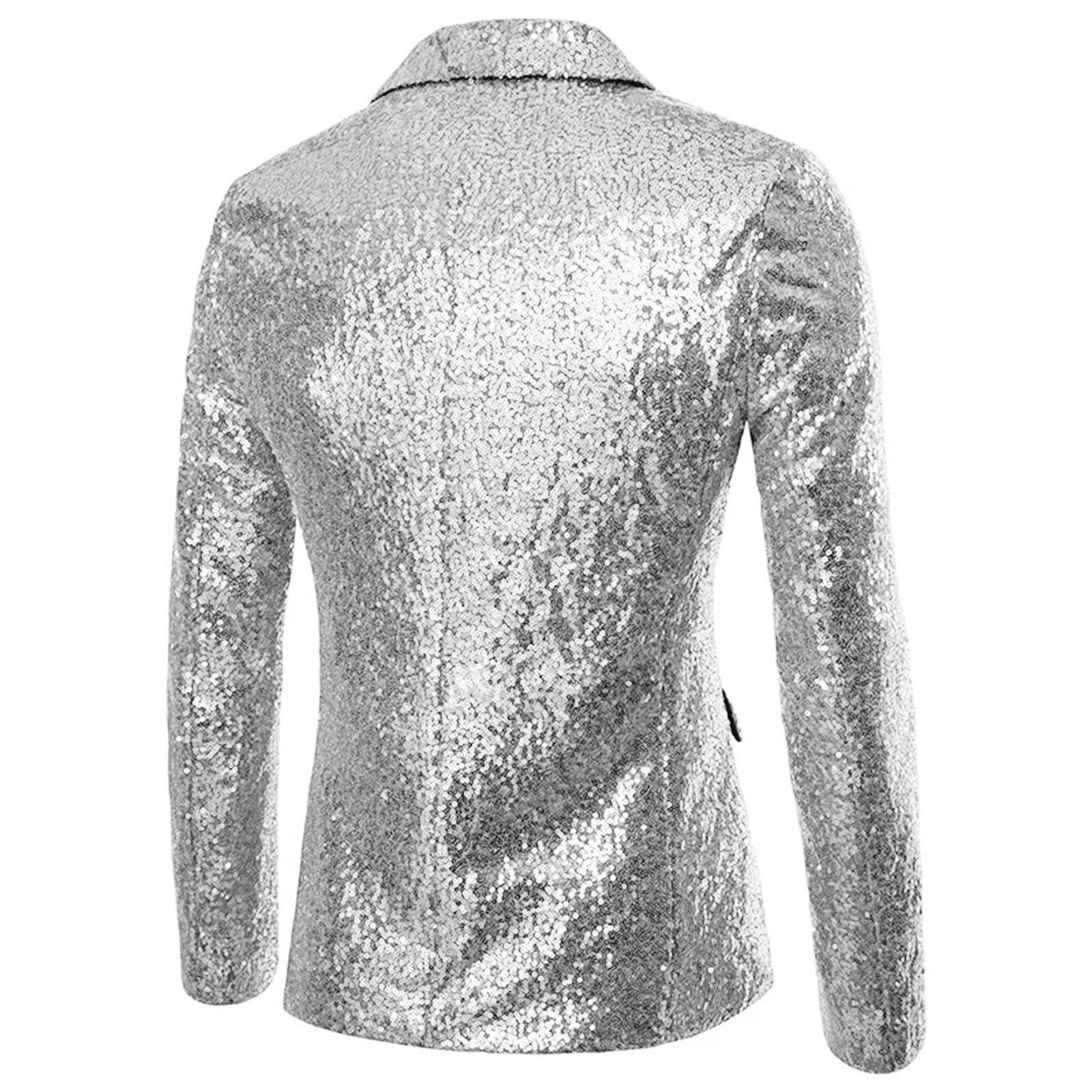 Generisch Tuta da uomo, 2 pezzi, con paillettes, per discoteca, palcoscenico, per feste, giacche, pantaloni lunghi, lucidi, per feste, carnevale, feste a tema, carnevale, discoteca, fazzoletto da