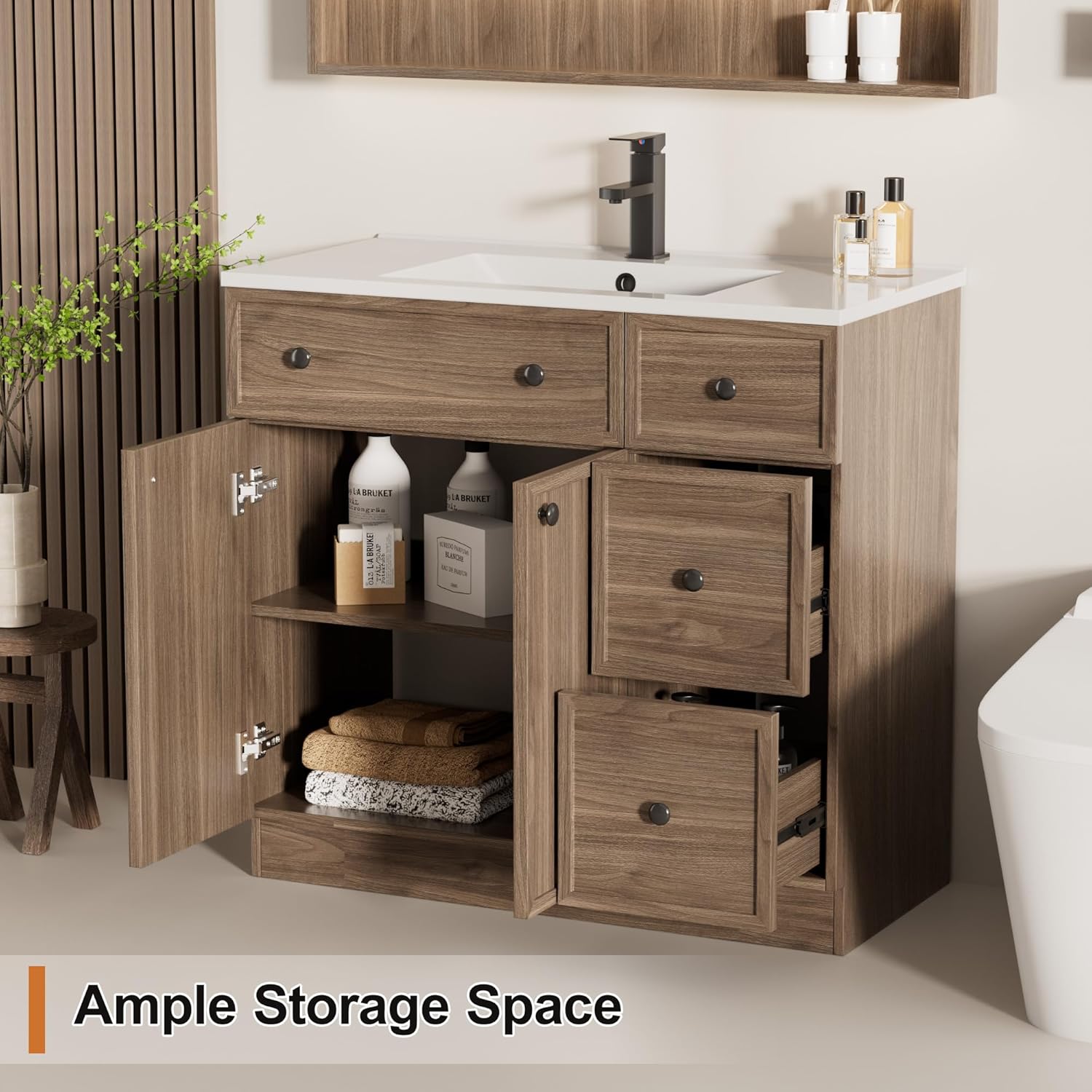 LUCKWIND 36" Bathroom Vanity Sink Combo, Modern Bathroom Cabinet with Undermount Solid Surface Vanity Sink, Soft-Close Hinges & Water-Saving Faucet, Taupe