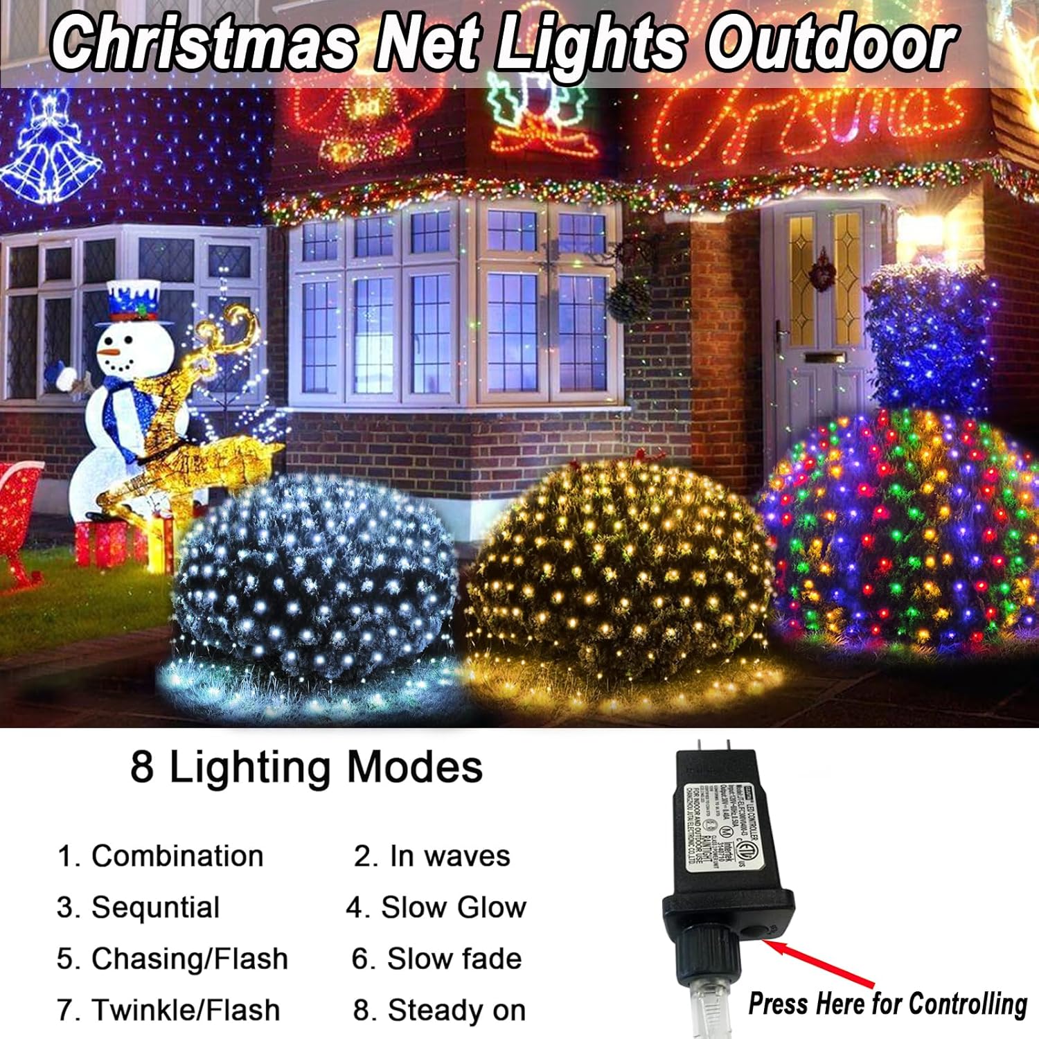 Lovelite 610 LED Christmas Net Lights, 34.5ft x 5ft Mesh Lights Outdoor Clear Wire 8 Modes, Waterproof Connectable String Lights Plug in for Bushes Xmas Tree Garden Holiday Party Decor - Warm White