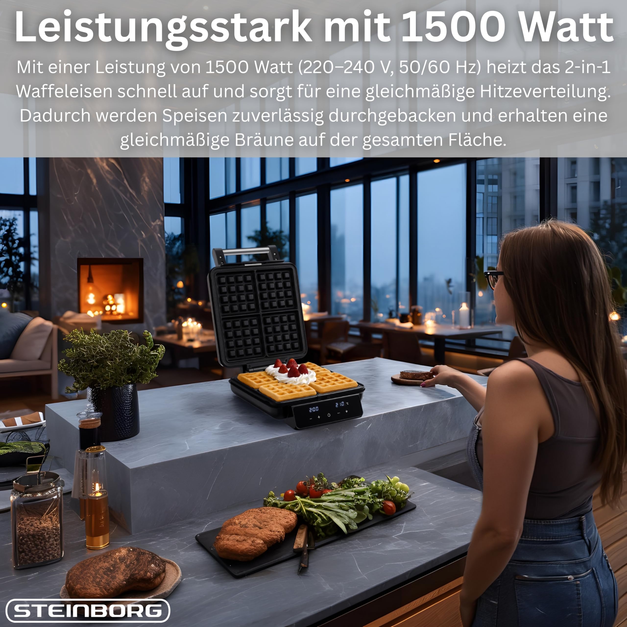 Steinborg Gofrownica 2 w 1 gofry belgijskie – elektryczna gofrownica z panelem dotykowym i wyświetlaczem LED, zdejmowane płytki nieprzywierające, nadaje się do mycia w zmywarce, do gofrów i kanapek