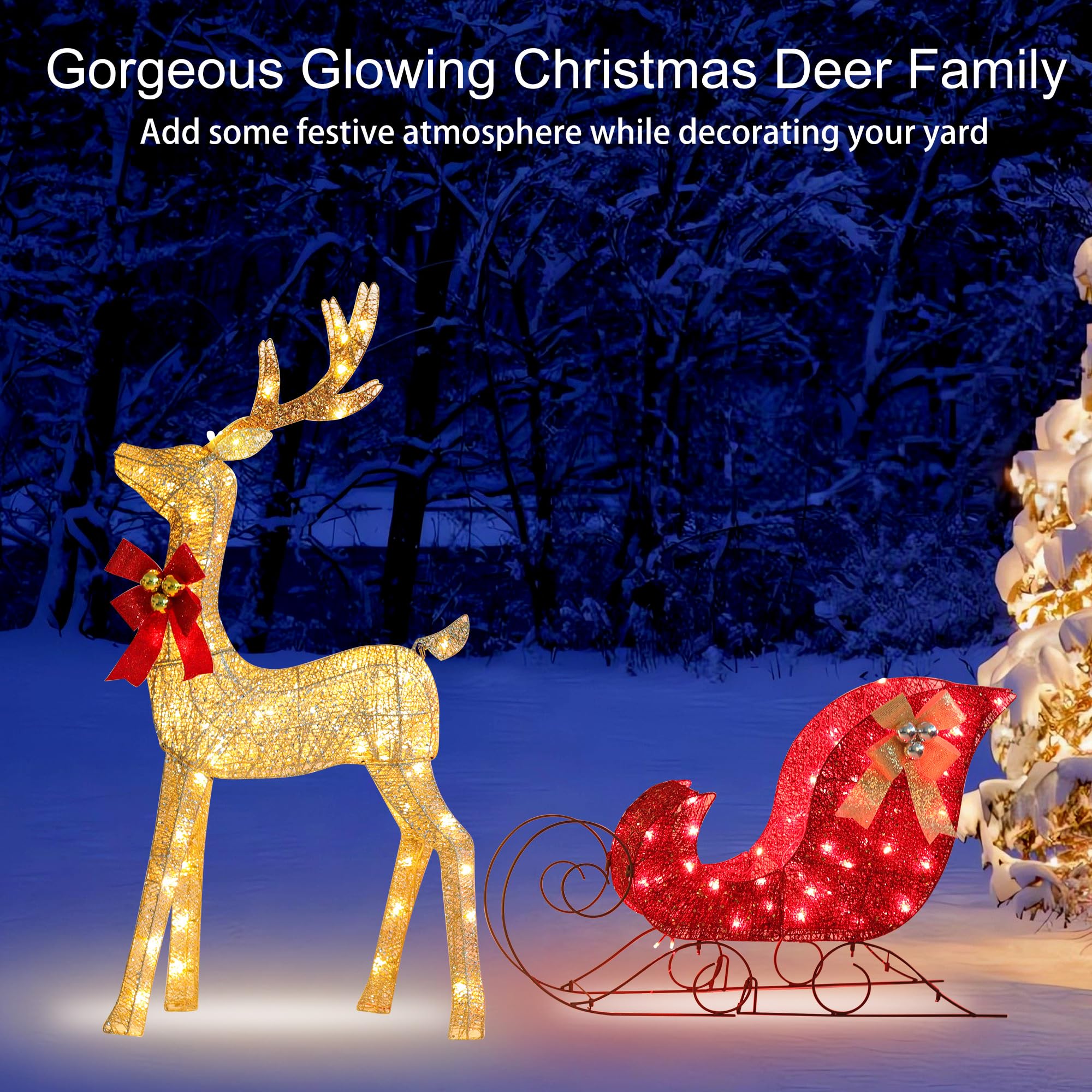 TQVAI Decoraciones de Navidad de reno, decoración de patio al aire libre, adornos de césped de Navidad, ciervo claro dorado con trineo de Papá Noel, 160 luces LED, estacas en forma de U, lazos de