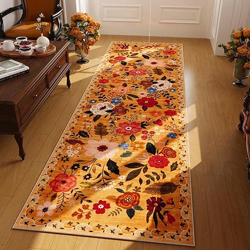 Rugcomf Alfombra de pasillo para cocina, antideslizante, 2 x 6 pies, alfombras lavables con parte trasera de goma, alfombra floral suave para