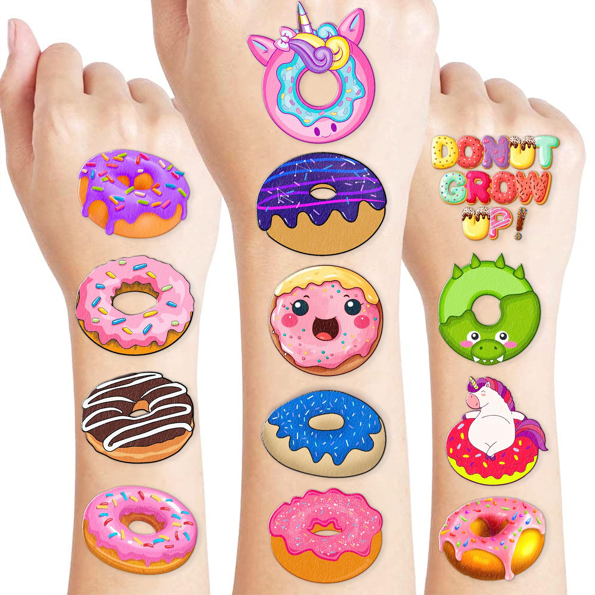 96PCS Donut Temporary Tattoos – Doughnut Themed Two Sweet or Donut Grow Up Birthday Party Decorations, Favors, and Supplies for Kids Boys Girls, Cute