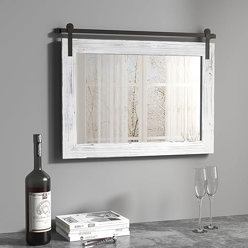 COGOOD Espejo de puerta de granero de granja, 25 x 18 pulgadas, espejo decrativo con marco de madera rústica para baño, sala de estar, decoración de