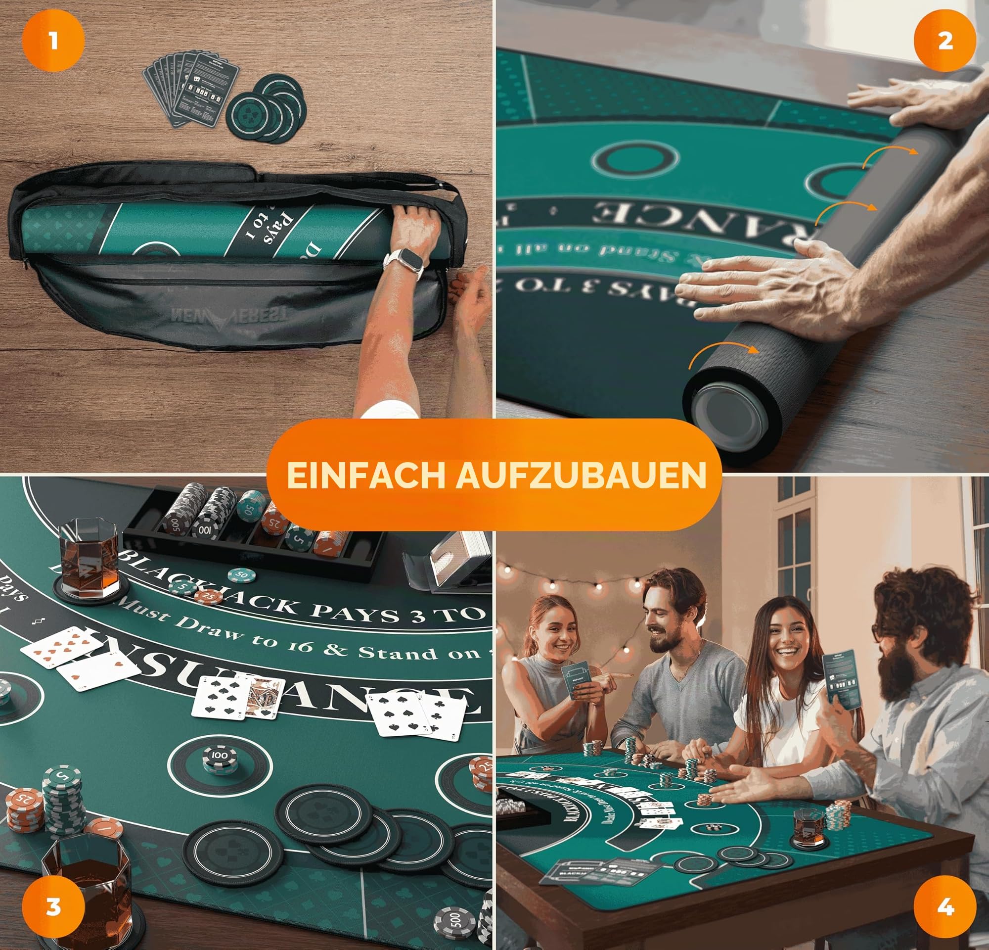 Newverest Blackjack Tischmatte 180 x 90 cm – Casino Tischauflage für Spielabende zu Hause mit Freunden | Poker- & Blackjack- Matte mit Reißverschlusstasche, 8 Untersetzer & Geschenkbox
