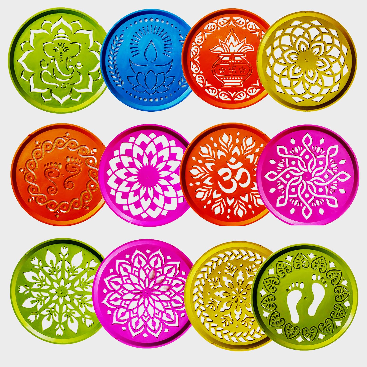 CraftVatika Rangoli Kolam Stencil Set of 12, Diwali Decoration Items, Rangoli Making Stencils for Floor Decorations, Reusebale Rangoli Stencils (15.5 CM Round) 2