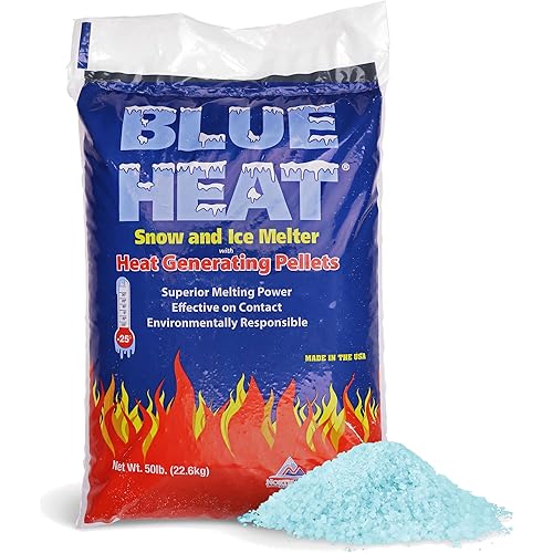 Blue Heat Snow & Ice Melter, Heat-Generating Pellets, Non-Staining Melt, 50 Lb Bag - Ice Remover for Driveway, Concrete, Sidewalk, and Outdoor Spaces
