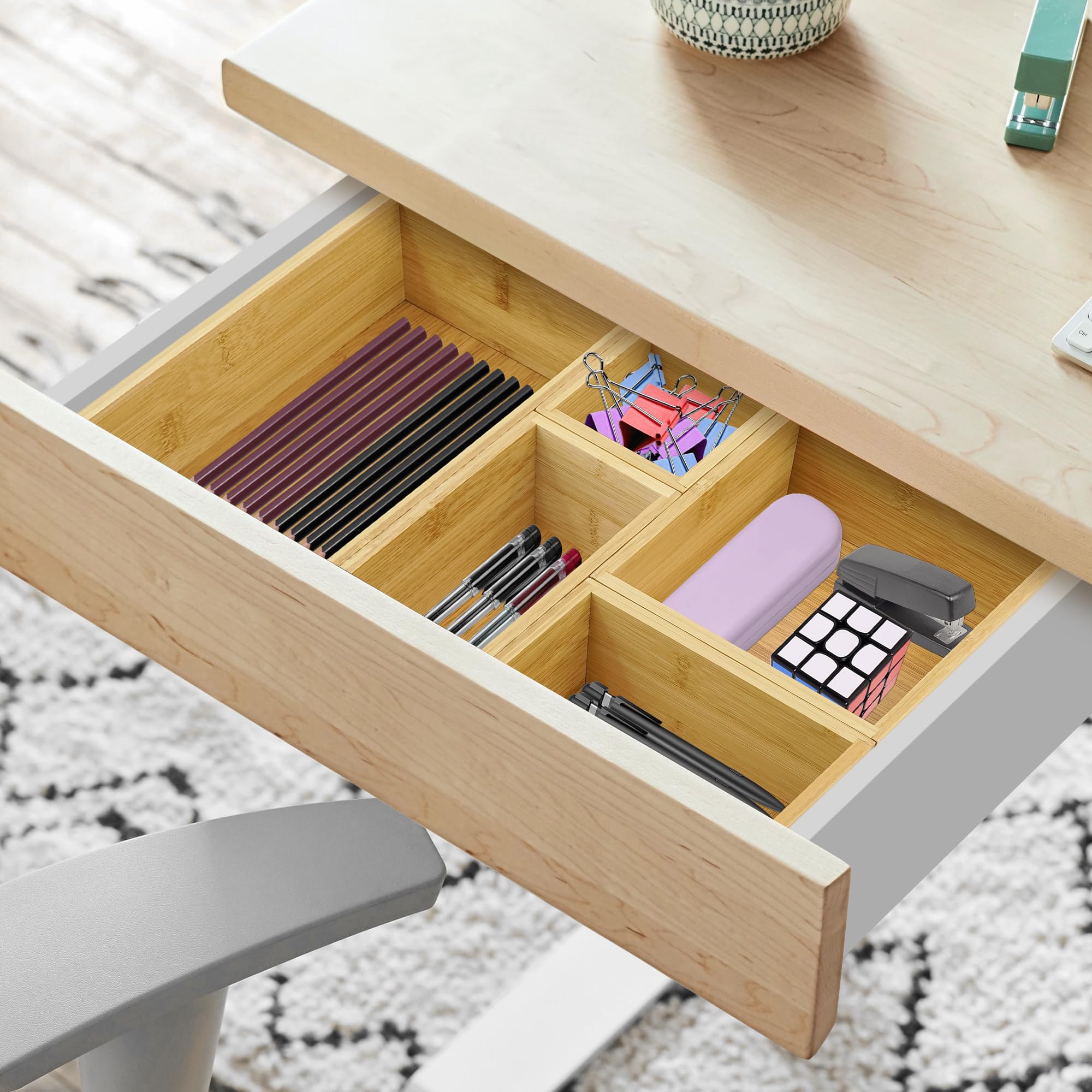 VaeFae Organizer cassetti in bambù, set da 5 per cucina e bagno | Divisione pratica degli scompartimenti, superfici lisce senza sbavature, stabile e duraturo, facile da pulire