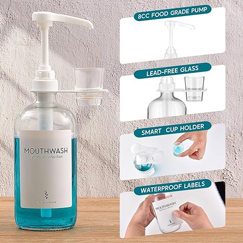 Miniatura 5 de Onsogi Dispensador de enjuague bucal de vidrio con soporte para tazas y bomba, dispensador de enjuague bucal rústico bohemio de 16 onzas para