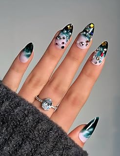 Winter Christmas tree nails, Short Almond press on, Y2K Ombre blue french, Gold Star & jewellery, Perfect for Winter, Ugly Christmas Sweater & New Year's Eve Party, Reusable set 24pcs, Nailinism