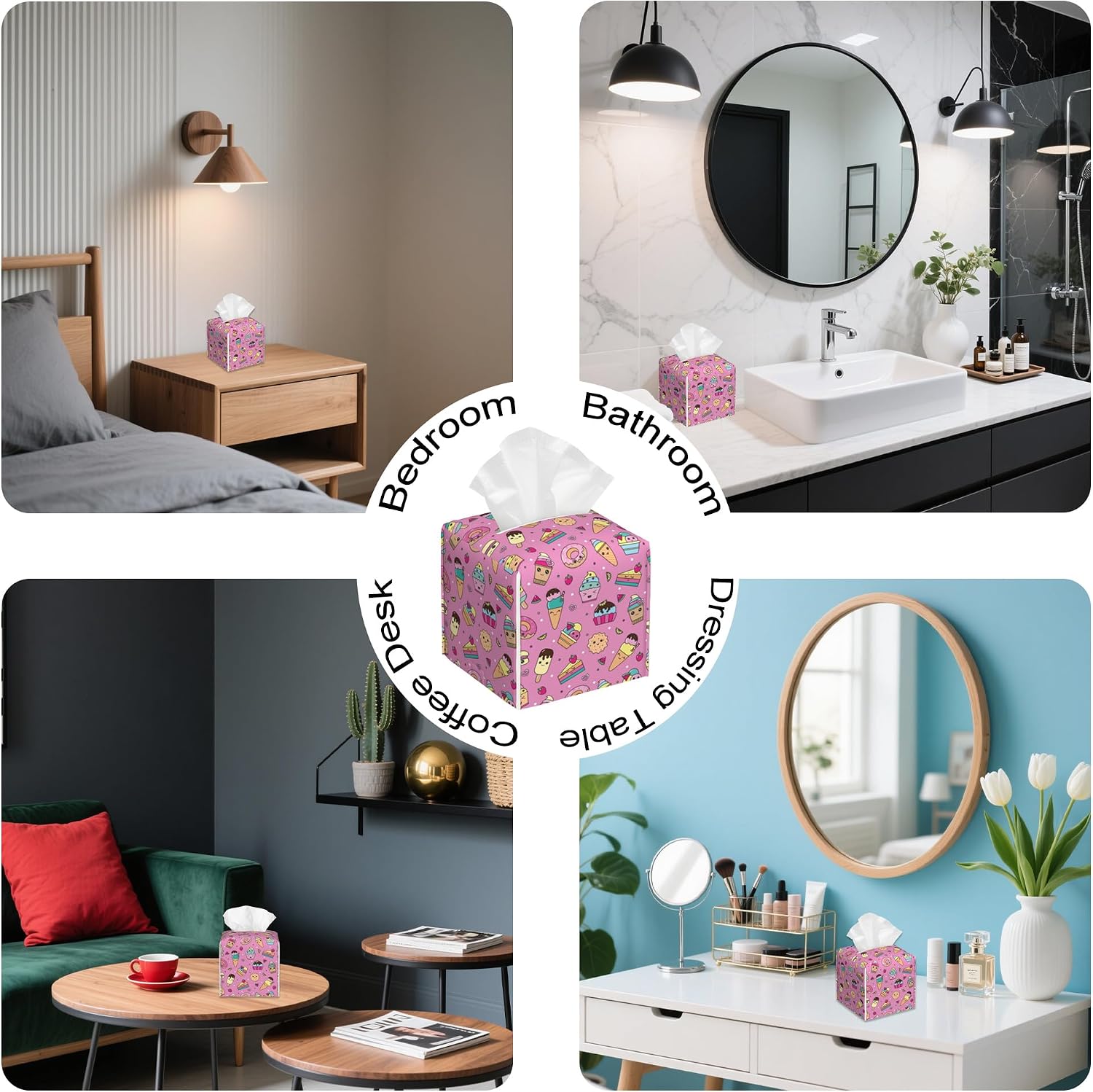 Cartoon Ice Creams Tissue Box Cover,PU Leather Tissue Box Holder Square,Modern Home Decoration for Bathroom Living Room Kitchen Office Car,5.2"×5.2"×5.2"