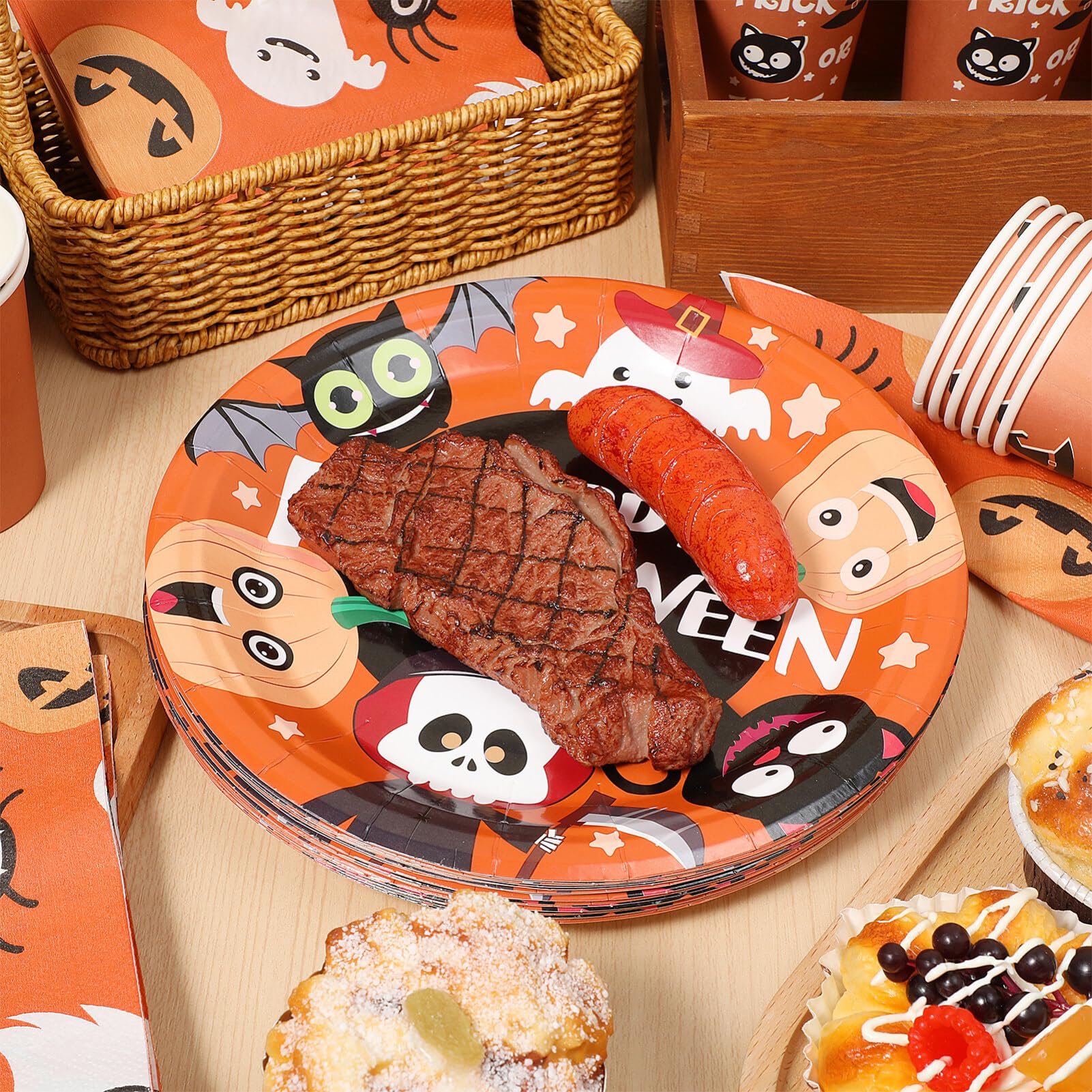 Image secondaire de Hemoton Service de table jetable pour Halloween – 24 personnes – Vaisselle en carton – Comprend 24 assiettes en carton, 48 servi