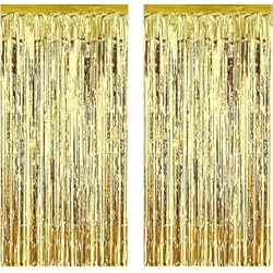 Pared Brillante Para Fiesta Aniyoo Cortinas metálicas de 2 unidades de cortinas de oropel de 1 m x 3 m, con flecos y brillantes para cumpleaños, bodas, fiestas, Halloween, Navidad, decoración de ventanas (dorado)