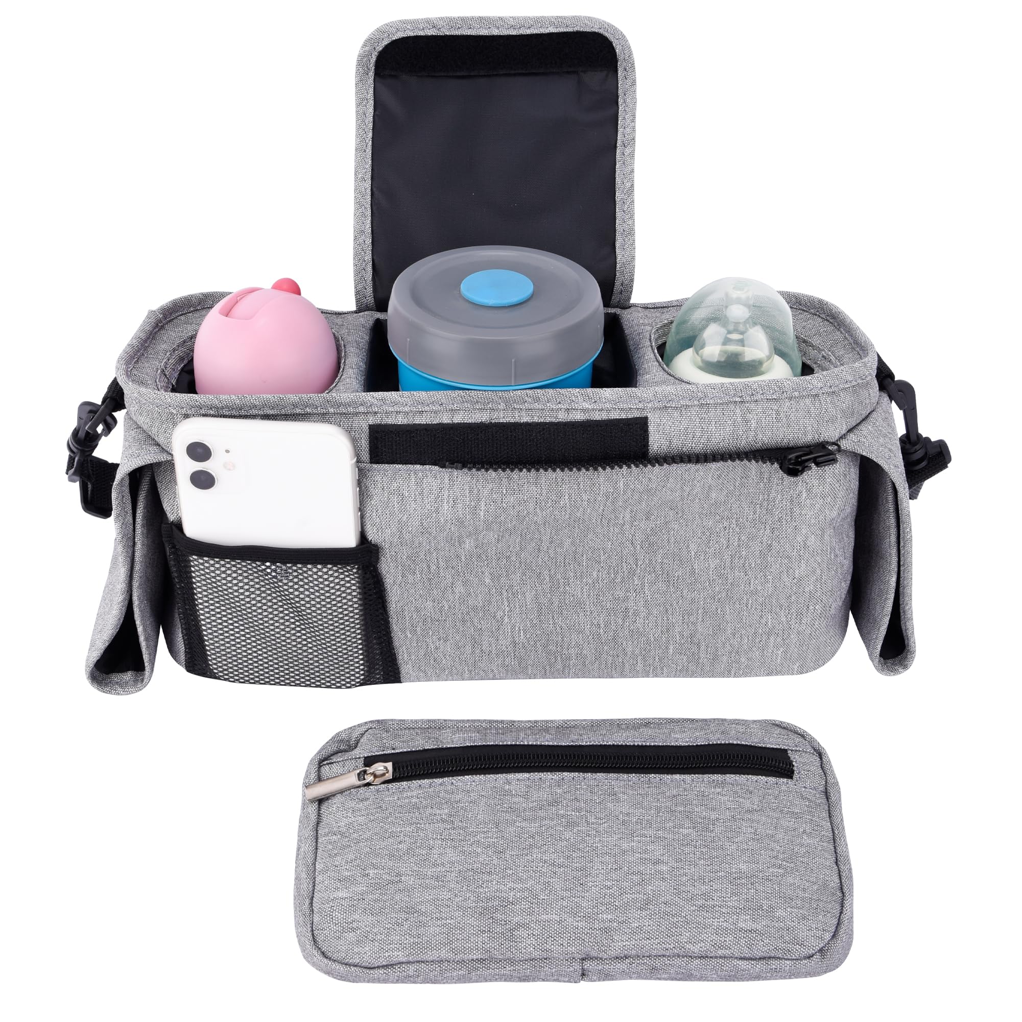 Bebamour Organizzatore per passeggino e ganci per passeggino 2PCS Borsa per carrozzina Organizzatore per passeggino Borsa di stoccaggio con tasca staccabile Tasca per cellulare Organizzatore,Grey