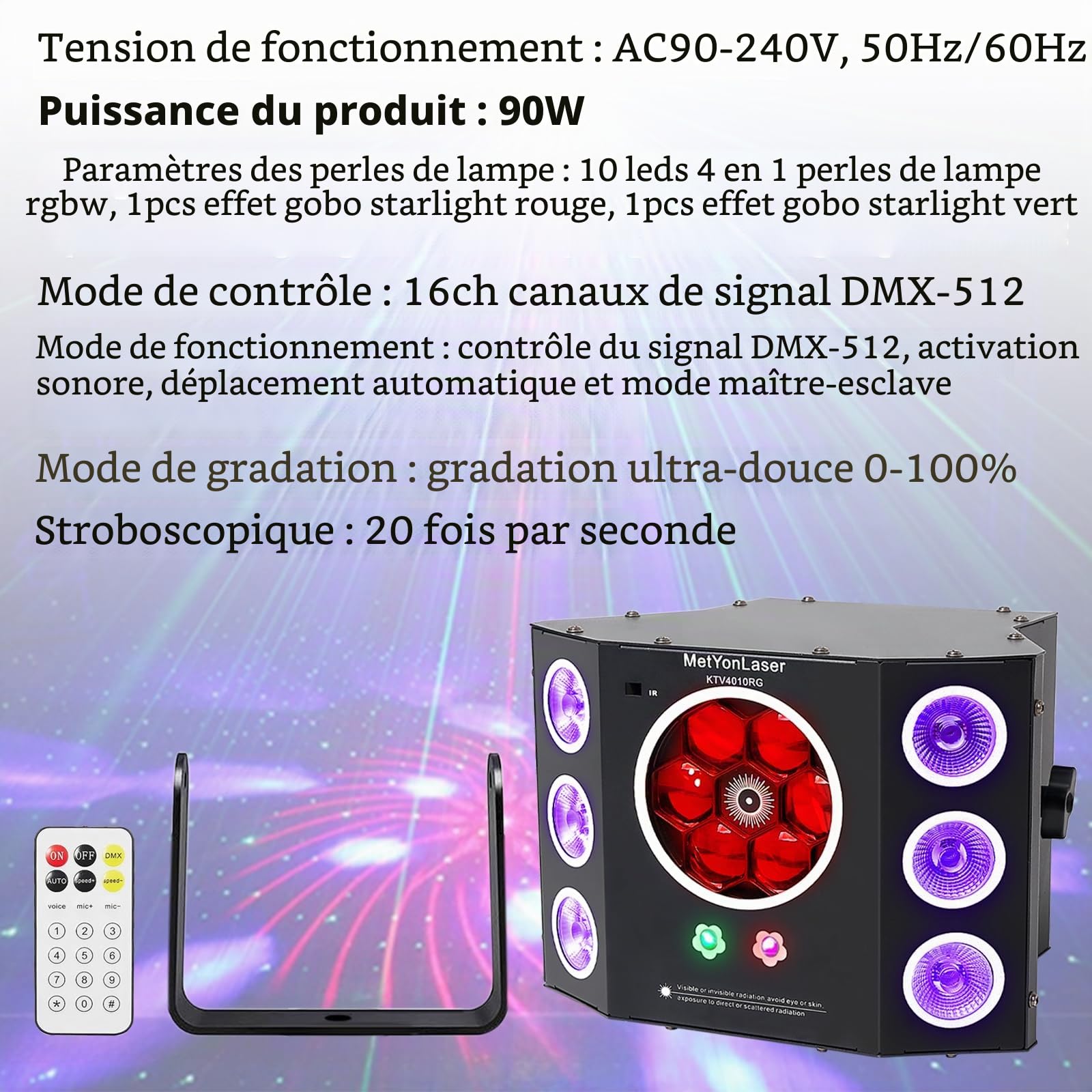Lumières de fête, lumière disco, lumières DJ, lumières stroboscopiques LED 4 en 1 et effet Gobos à faisceau rouge vert, 16 canaux DMX avec son activé pour Noël, fête d'Halloween