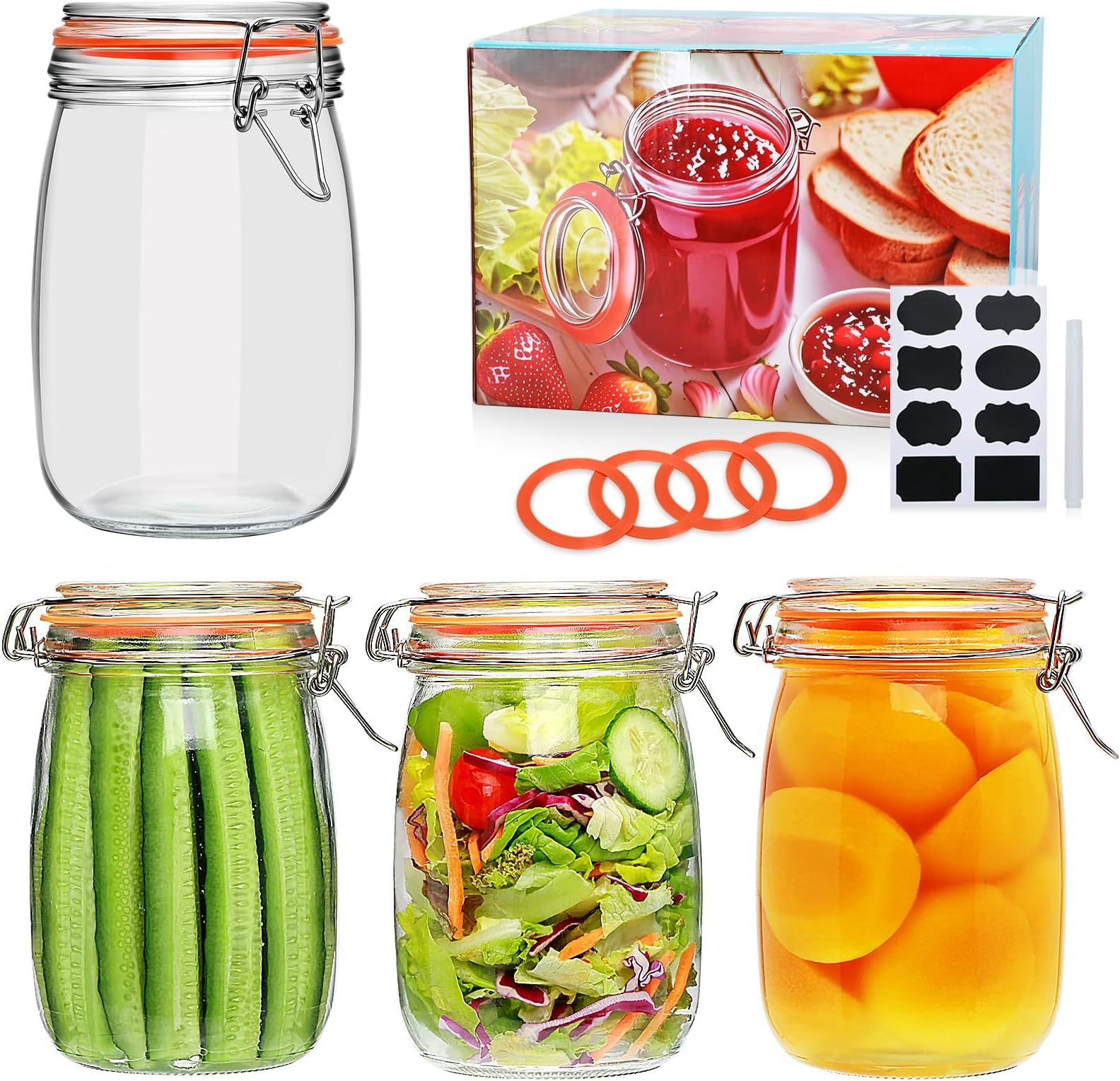 Encheng 32 oz Wide Mouth Mason Jars with Airtight Hinged Lids, Large Glass Jar with Lid for Pickling, Fermentation, Canning, Food Storage – Set of 4 Glass Storage Containers