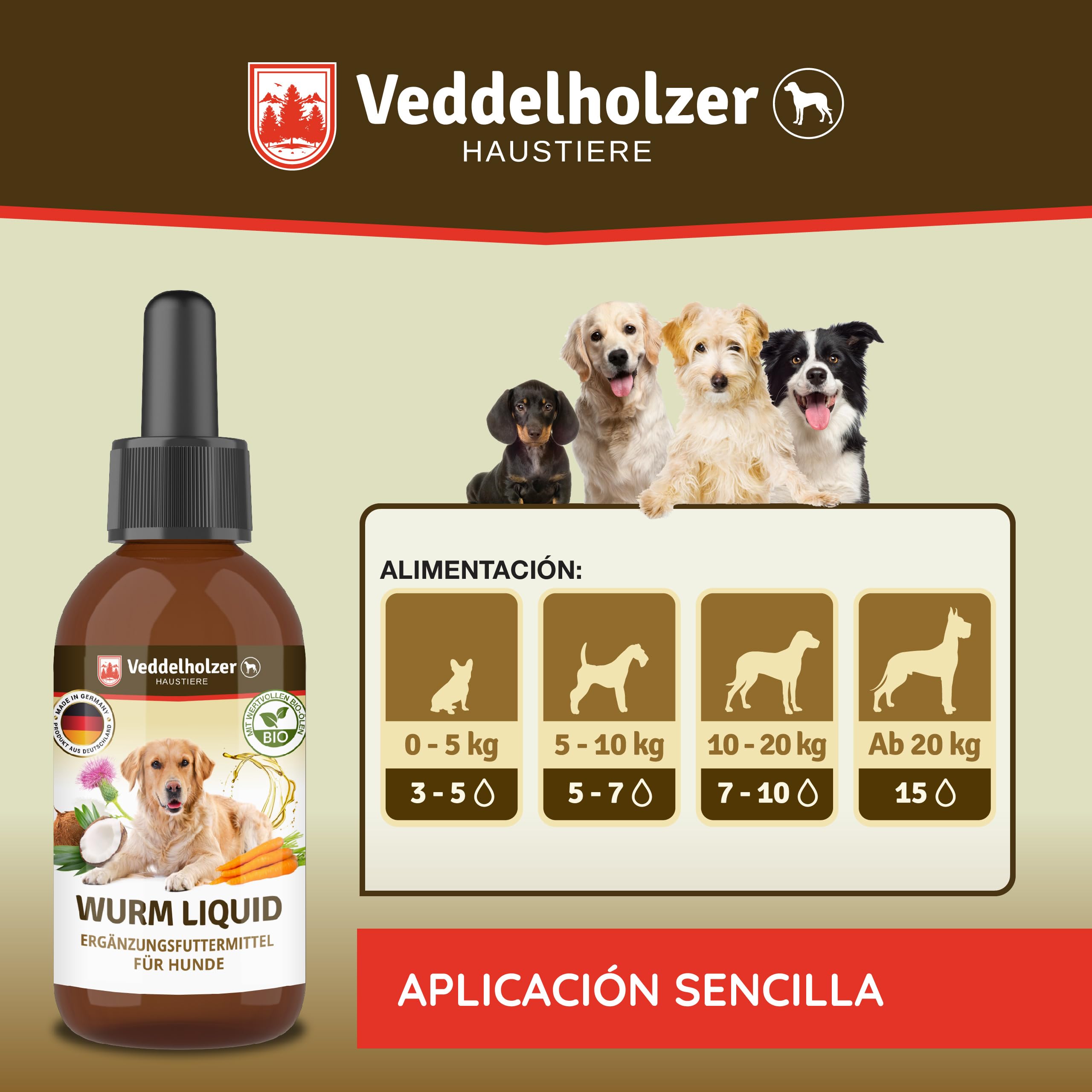 Veddelholzer 50 ml de líquido para gusanos naturales antiparasitarios para perros contra todos los gusanos. Desparasitante para perros. Accesorio para desparasitar perros.