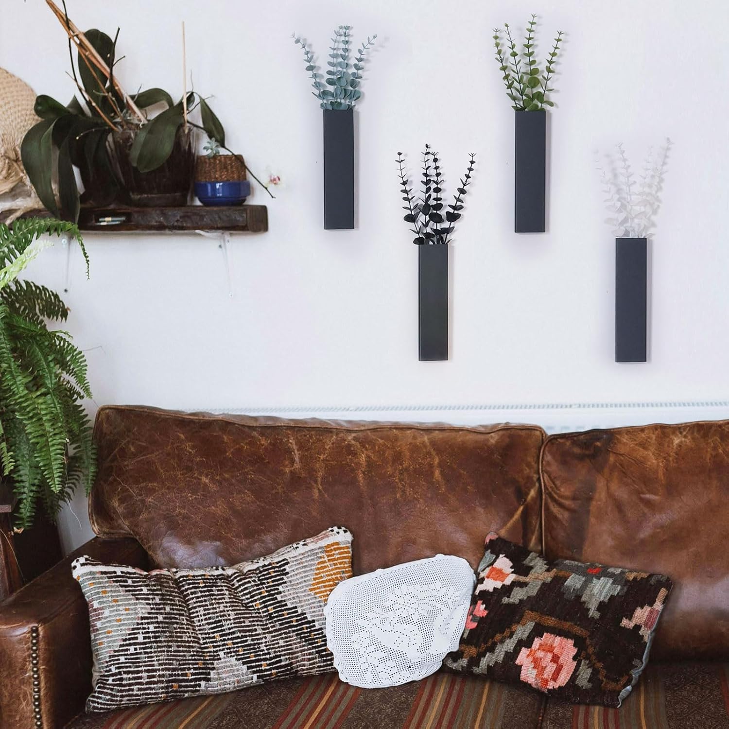 Pretty Jolly Wall Decor Eucalyptus Metal Planter Modern Boho Home Vase,Artificial Flowers Indoor Wall Sculpture for Living Room, Bedroom Greenery Set of 4 Black