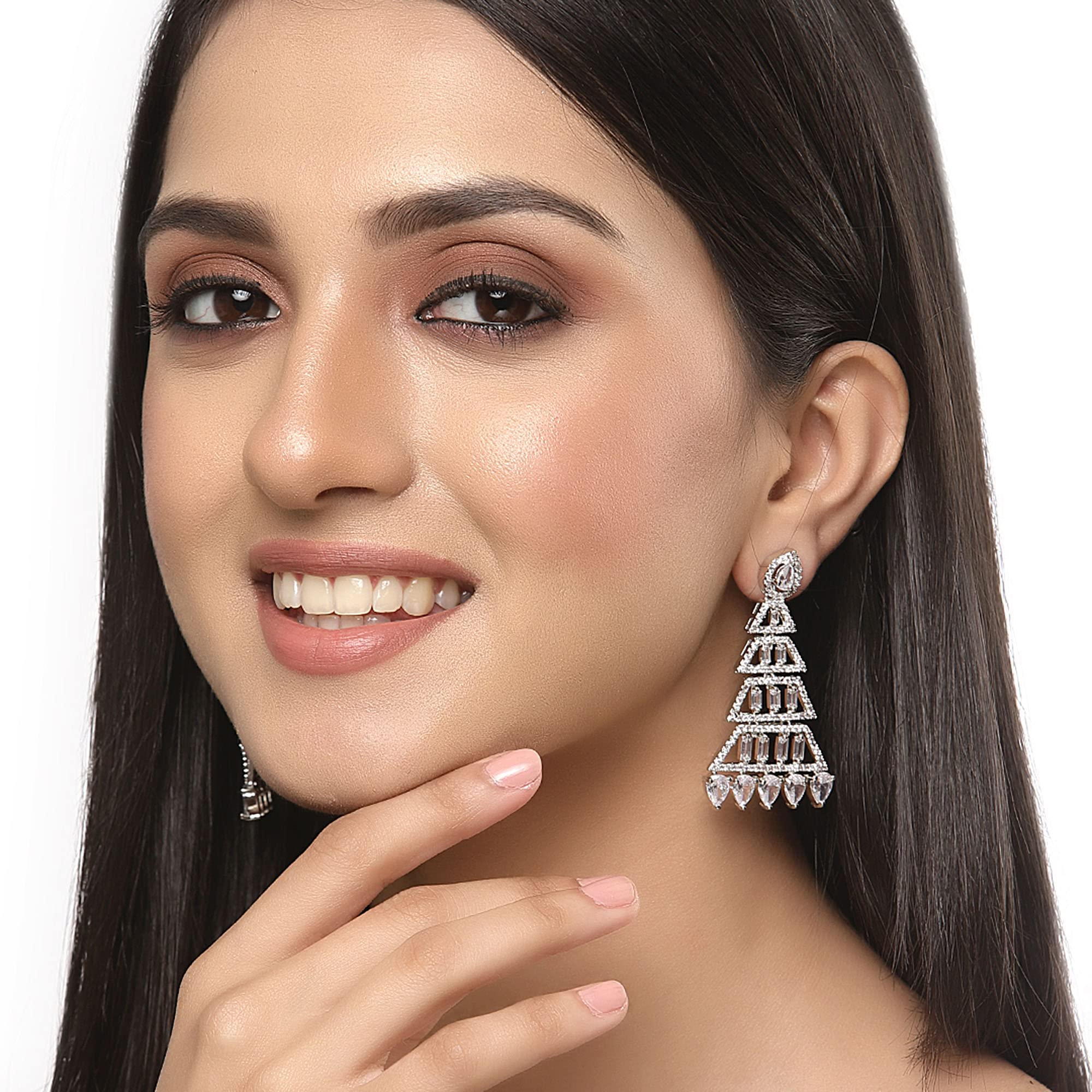 Rhodium Ptd Diamond Drop Earrings