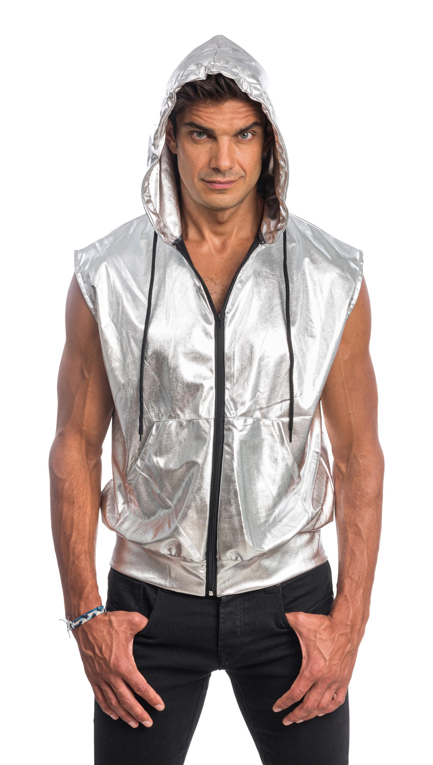 Chaks - Gilet à capuche métallisé, tenue de festival sans manches | Gilet de soirée au look métallisé, tenue pour soirée disco et à thème, avec capuche, poche et fermeture éclair