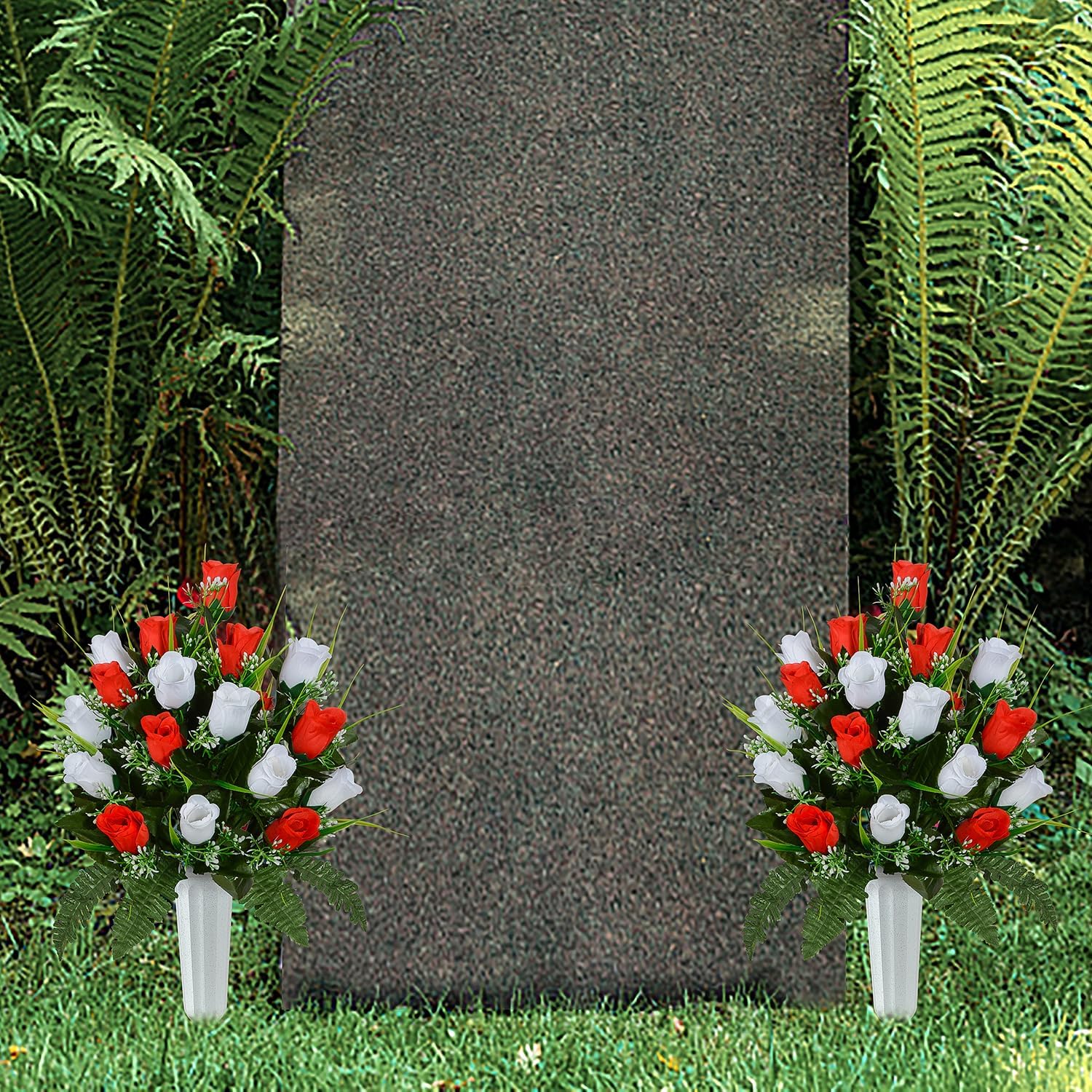 XONOR Artificial Cemetery Flowers, Grave Decorations Roses, Memorial Flowers Bouquet with Cemetery Vase, 2 Sets (White & Red)
