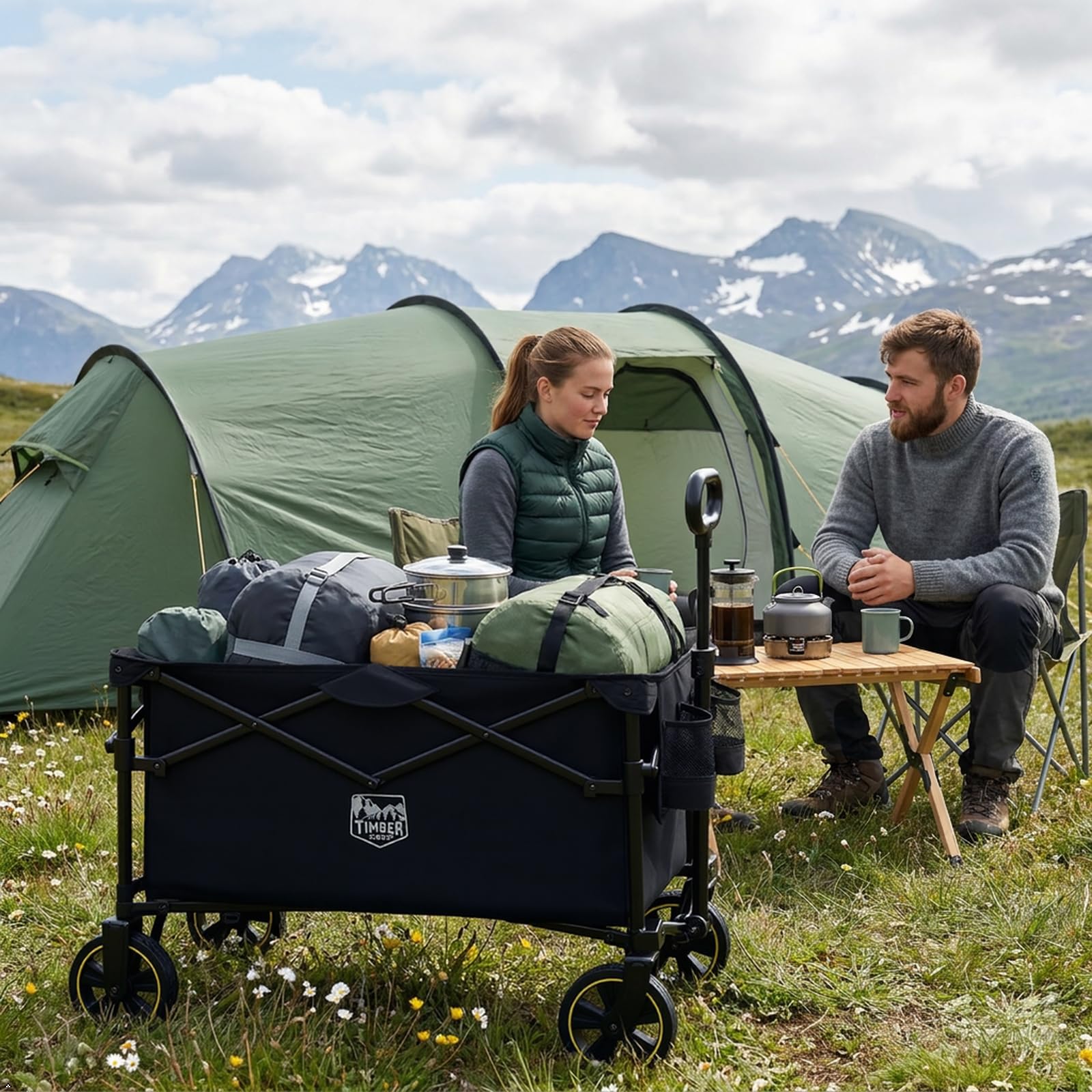 TIMBER RIDGE Bollerwagen Faltbar 200L mit Getränkehalter Verstellbarem Griff, Handwagen Klappbar Transportwagen für Alle Gelände, 150KG Belastbar