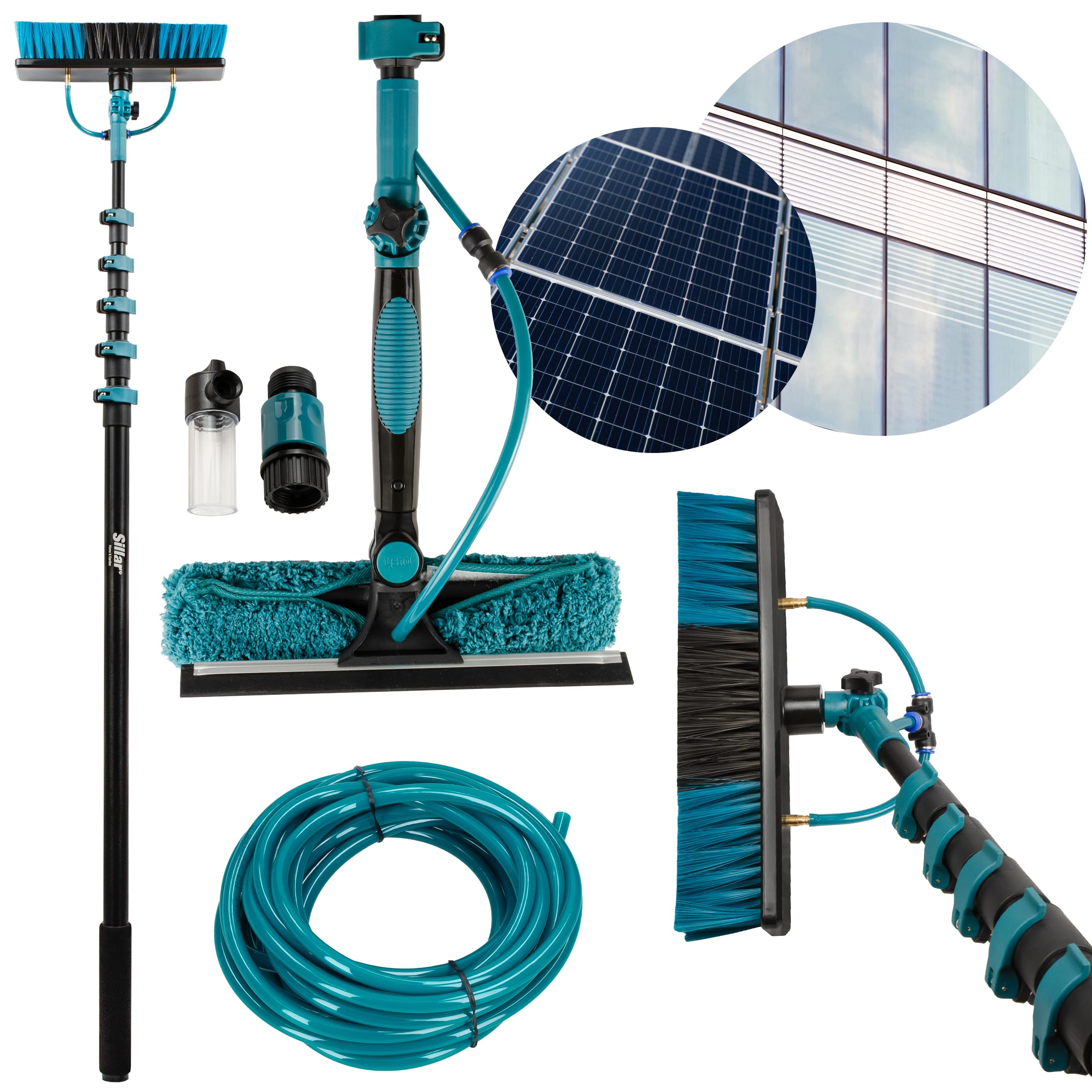 Sillar Cepillo telescópico para Lavado 7,37m - Arandela Ajustable con Manguera, dosificador de jabón, cepillos - para Lavar Ventanas, Paneles solares, Coches, autocaravanas, Camiones, techos