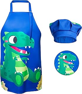 R HORSE Kids Aprons Chef Hat Sets Blue Cute Dinosaur Cooking Aprons Toddler Chef Hat Waterproof Art Painting Apron Boys Kitchen Chef Bib Baking Aprons Party Birthday Gift (3-5 Years)
