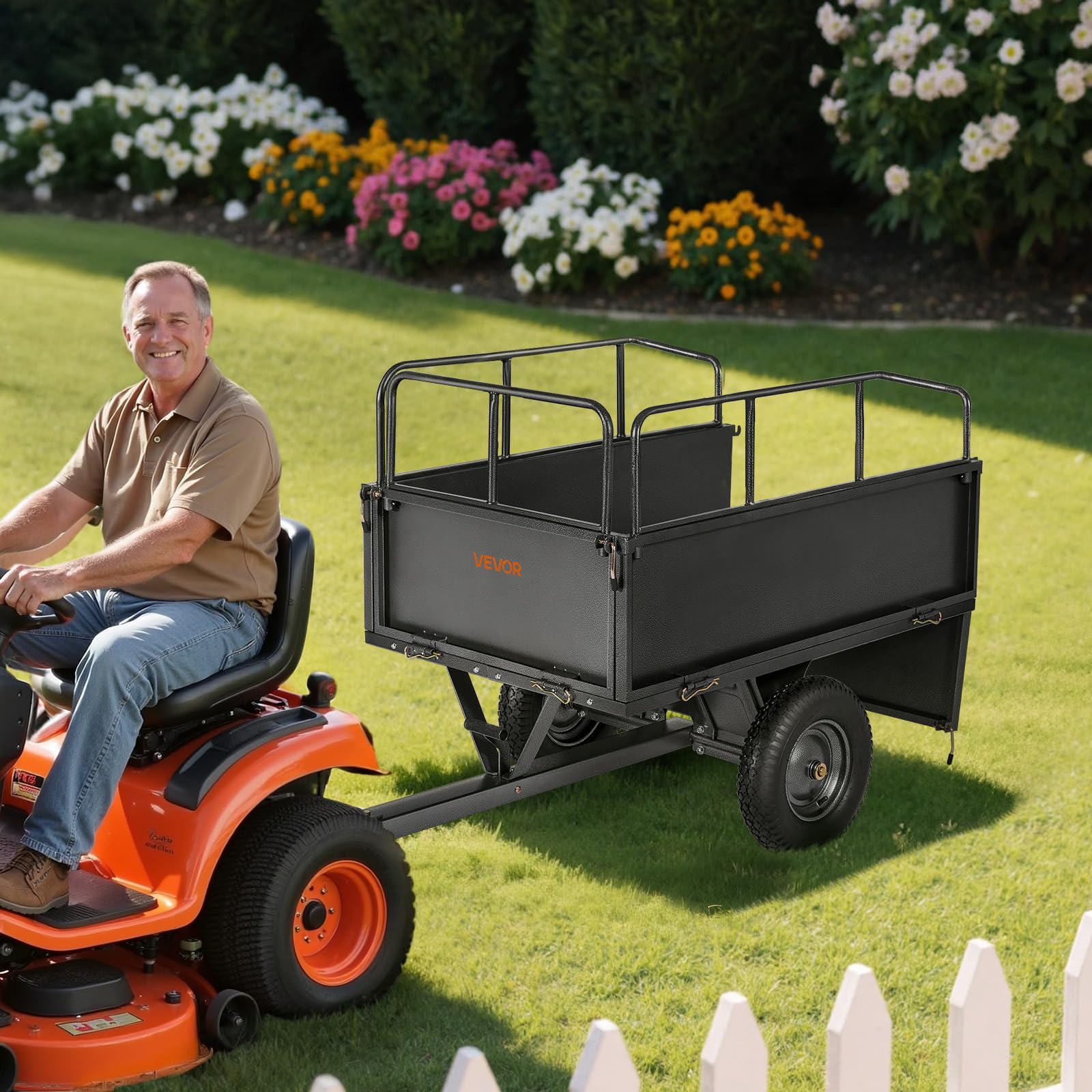 VEVOR Przyczepa ogrodowa, pojemność 17 Cu i 272 kg, przyczepa ciągnąca ATV UTV, wózek holowniczy za stalowym wózkiem wywrotkowym z oponami 40 cm, ręcznym pociągnięciem lub pedałem nożnym, wytrzymałe
