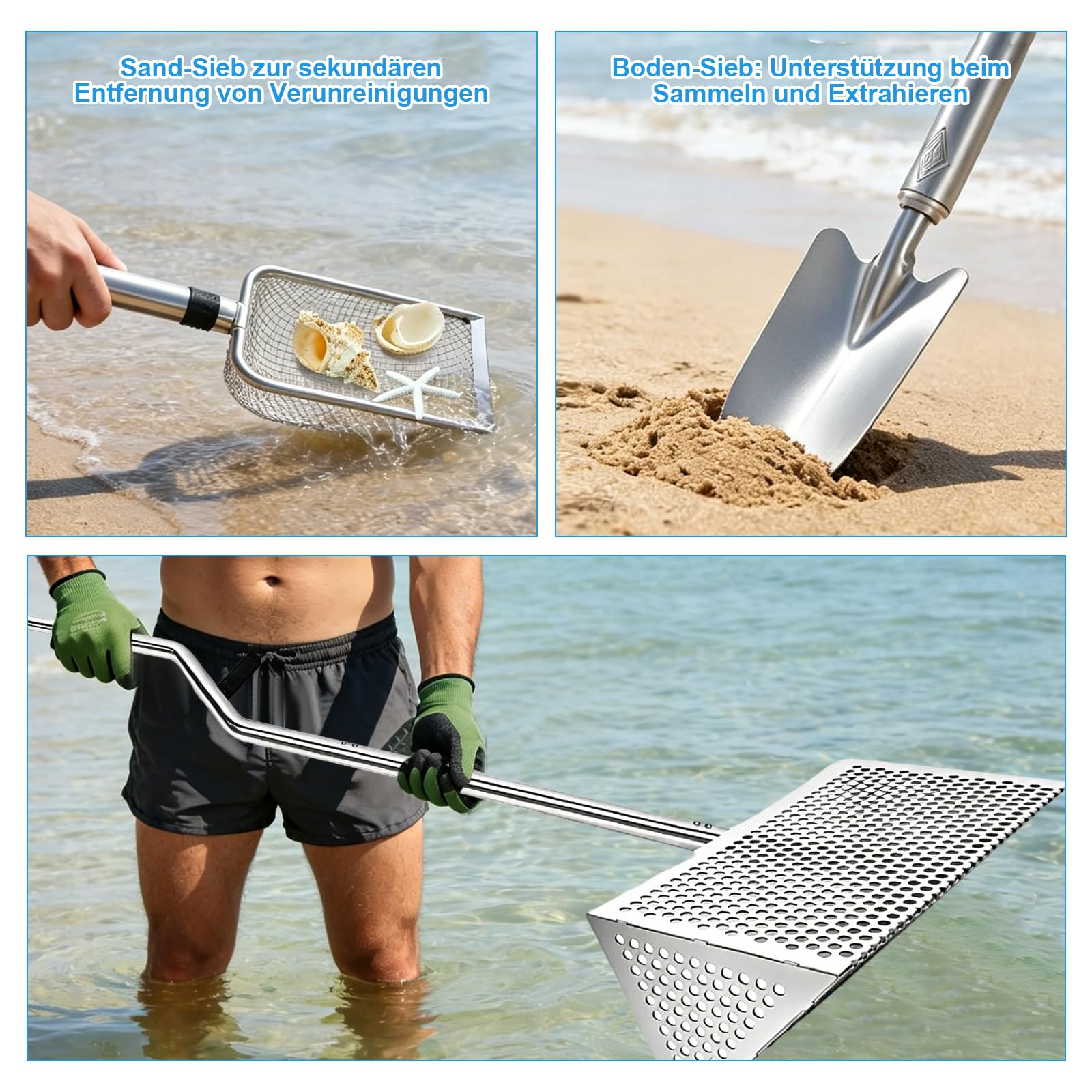 Sand Flohrechen Set, Edelstahl Strandsand Sieb, Abnehmbarer Langer Griff | mit Eimer, Handschuhe, Schaufel, Räder, Sandflohsieb Scharfen Zähnen Strandrechen, Sandflohharke Strand Sandsieb für Meerjagd