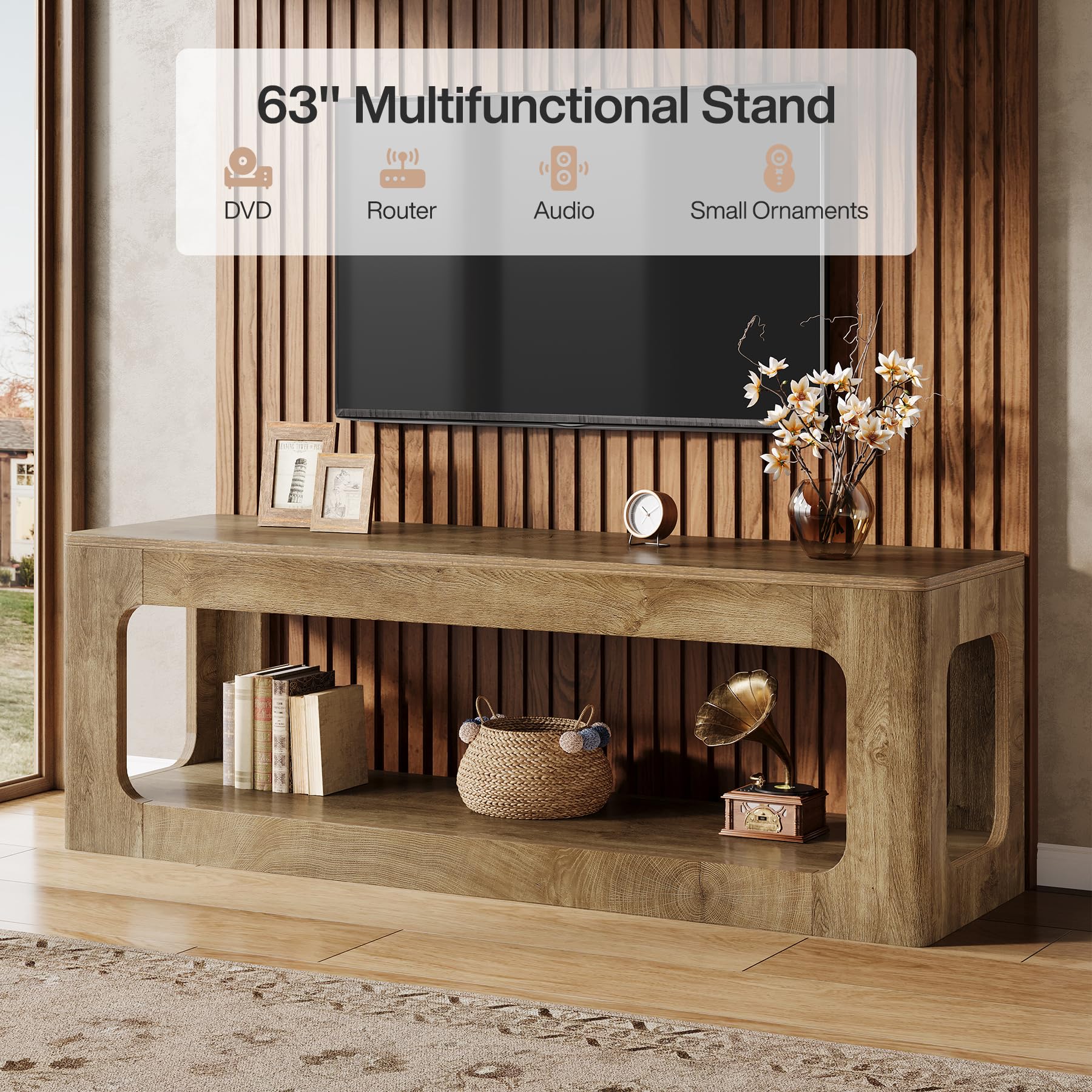 Tribesigns TV-Schrank für 55–75 Zoll Fernseher, 160 cm TV-Board mit 2 offenen Ablagen, Massivholzoptik, Landhausstil Entertainment Center, Fernsehschrank für Wohnzimmer, Schlafzimmer, Braun