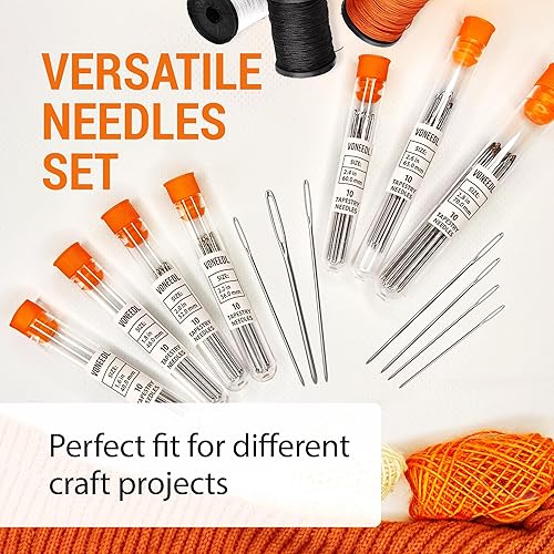 Miniatura 9 de Agujas de tapiz grandes (paquete de 50) con cinco tubos de almacenamiento incluidos, acero inoxidable, perfectas para bordado, manualidades, punto