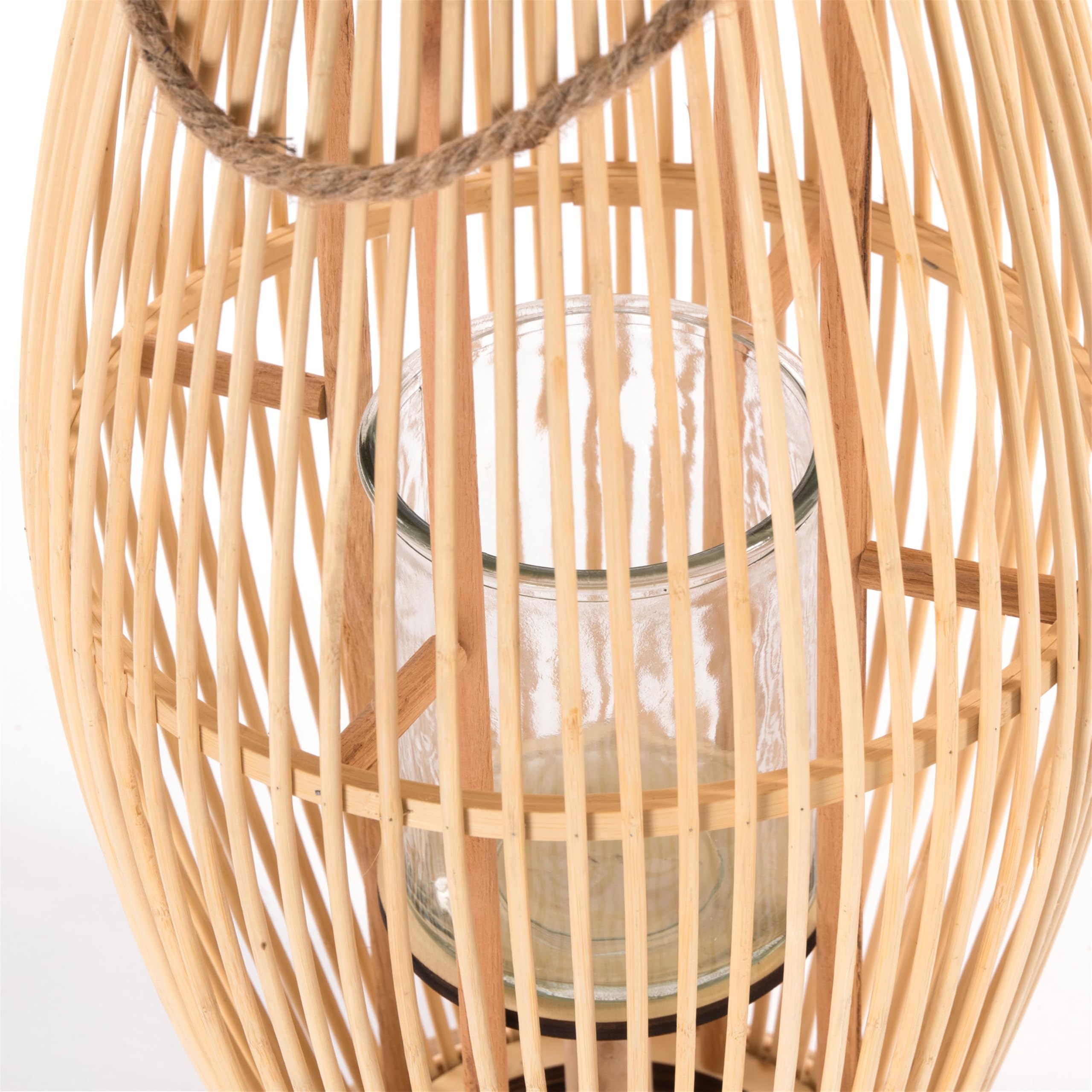 Bambus Laterne Zya | mit Henkel und Glaseinsatz | Holz Kerzenhalter, Windlicht, Deko Laterne für überdachten Balkon oder Wohnung | Größe: 60 cm