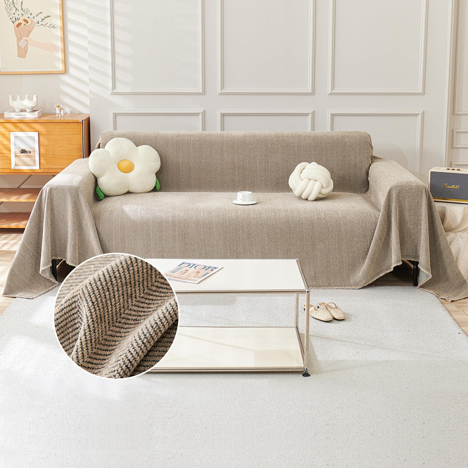 Sofa Cover 3 4 Seater Chenille Corner Sofa Slipcover Washable L Shape Sectional Couch Cover Furniture Protector for Pet All-Season B Herringbone B Camel 230x340cm