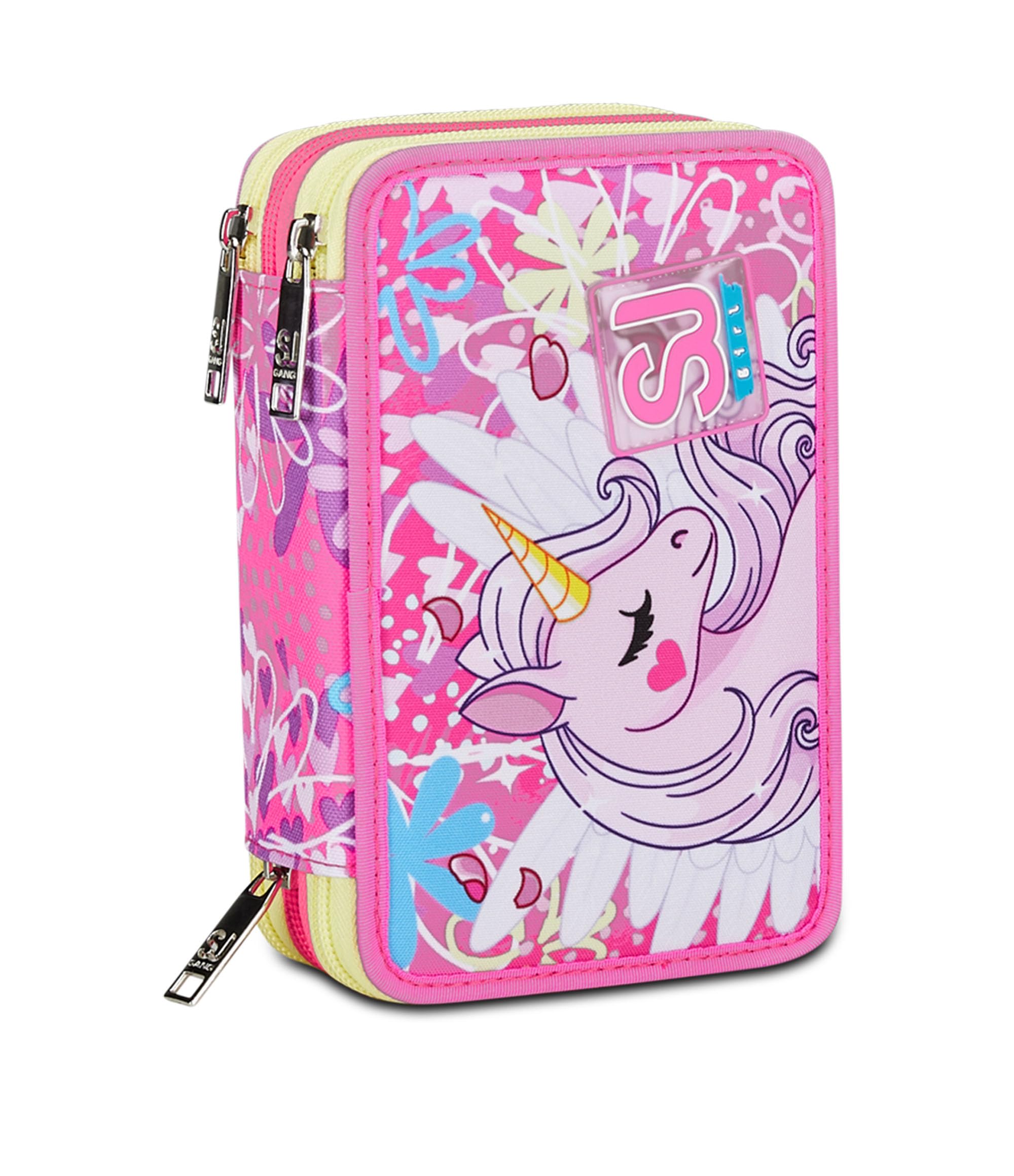 SJ GANG STYLE JAM GANG Astuccio Scuola 3 Zip, Rosa, UnicornLed, Portapenne Triplo Scomparto Completo Di Penne, Matite, Colori, Accessori Zaino, Elementari, Medie, Bambina