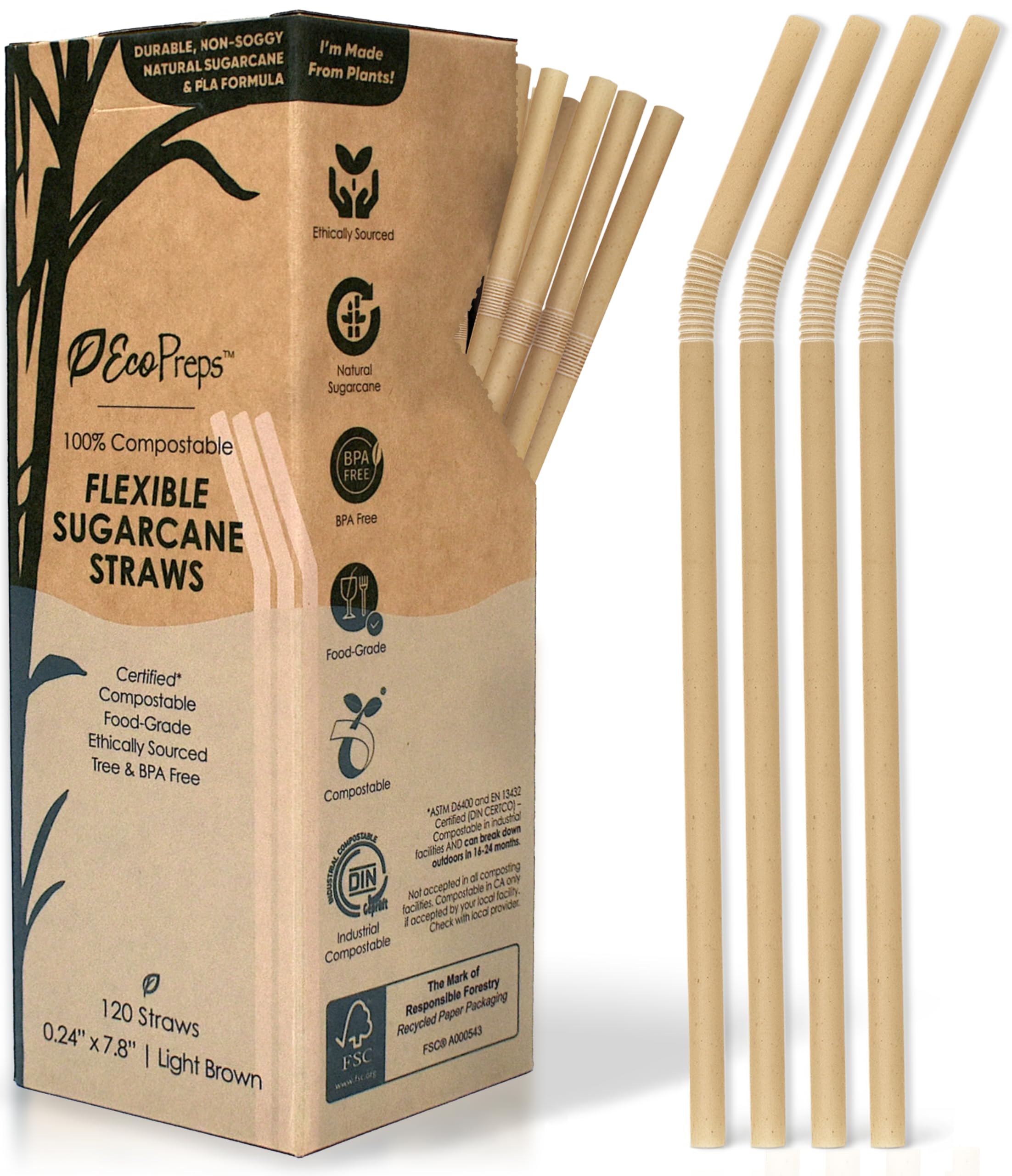 Flexible Biodegradable Sugarcane Straws 120 Count 100 Compostable Plastic-Free Eco-Friendly Drinking Straws for Cold Drinks 7 8 Bendable
