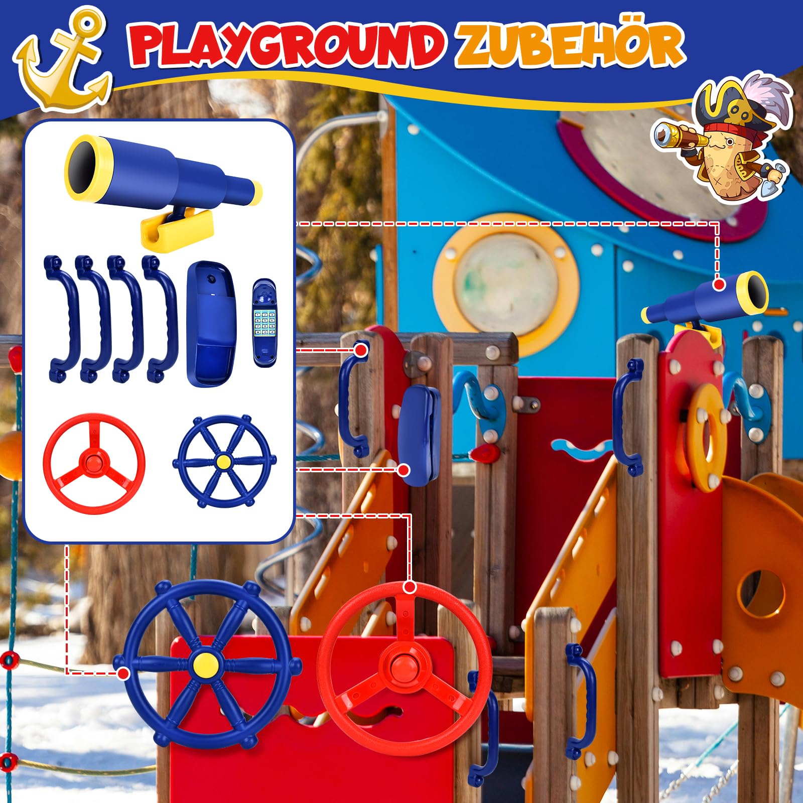 JONRRYIN Spielturm Zubehör Steuerrad Set, 8Pcs Zubehörset für Spielturm, Lenkrad, Teleskop Fernrohr, Glocke Telefon, Accessoires für Spielturm, Klettergerüst, Schaukel und Garten (Blau)