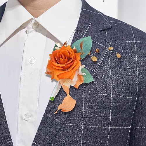 Miniatura 3 de Weslymoo Boutonniere de rosas blancas y naranjas quemadas para hombres, juego de 6 flores sintéticas para novios y padrinos de boda, para ceremonia