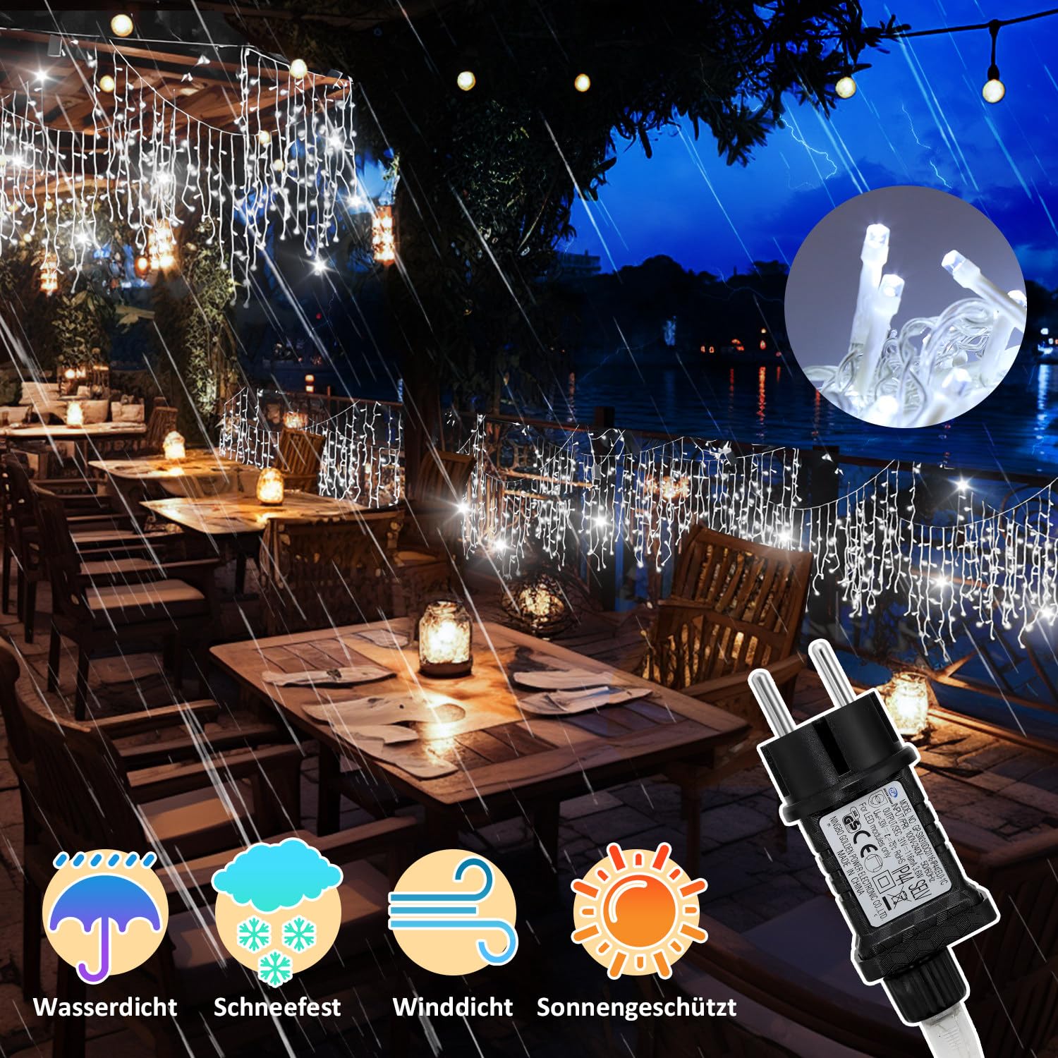 Ikodm 4 Stück LED Eisregen Lichterkette Außen 5m 200 LEDs Kaltweiß, Weihnachtsbeleuchtung mit 8 Modi, IP44 wasserdicht für Innenausstattung Außenbereich Schlafzimmer Hochzeit Party